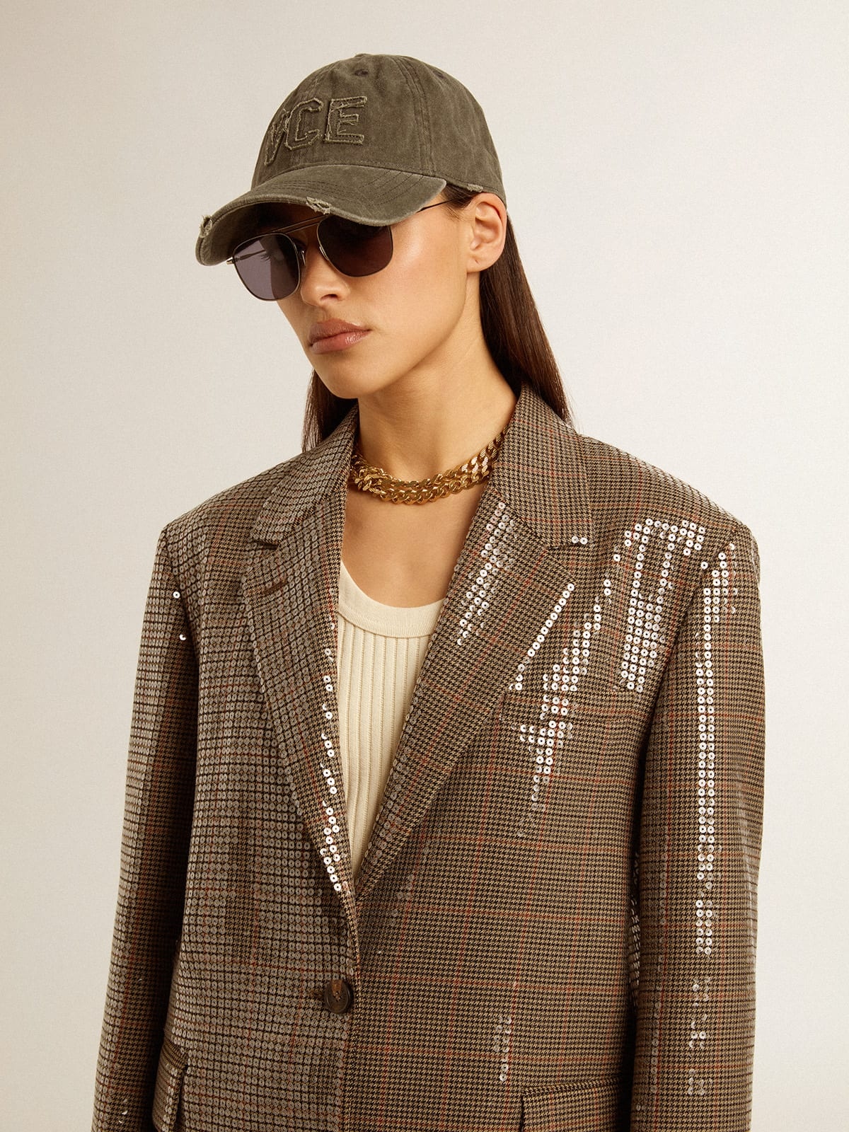 Women's houndstooth jacket with all-over sequin embroidery - 6