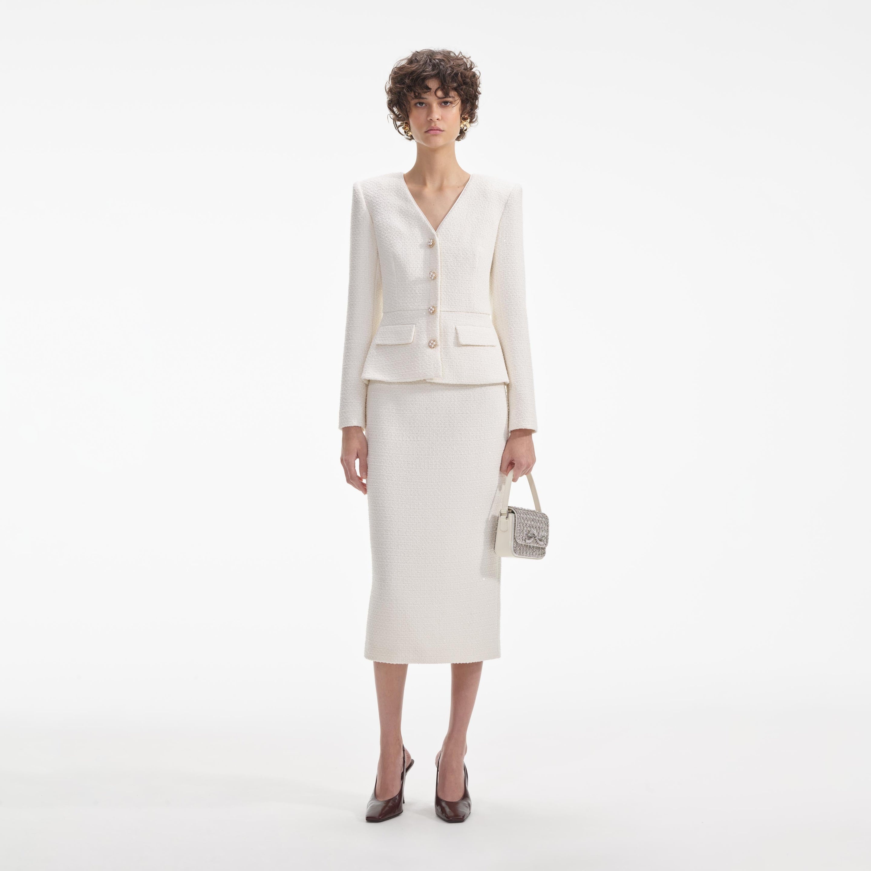Cream Tinsel Boucle Midi Dress - 1