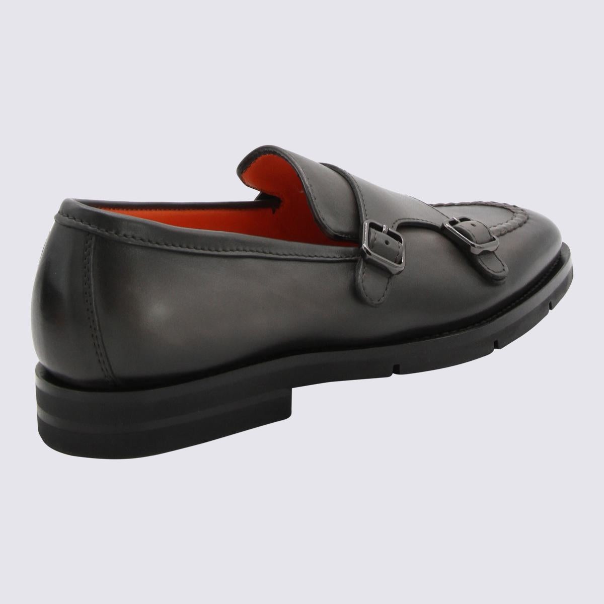 SANTONI GREY LEATHER LOAFERS - 2