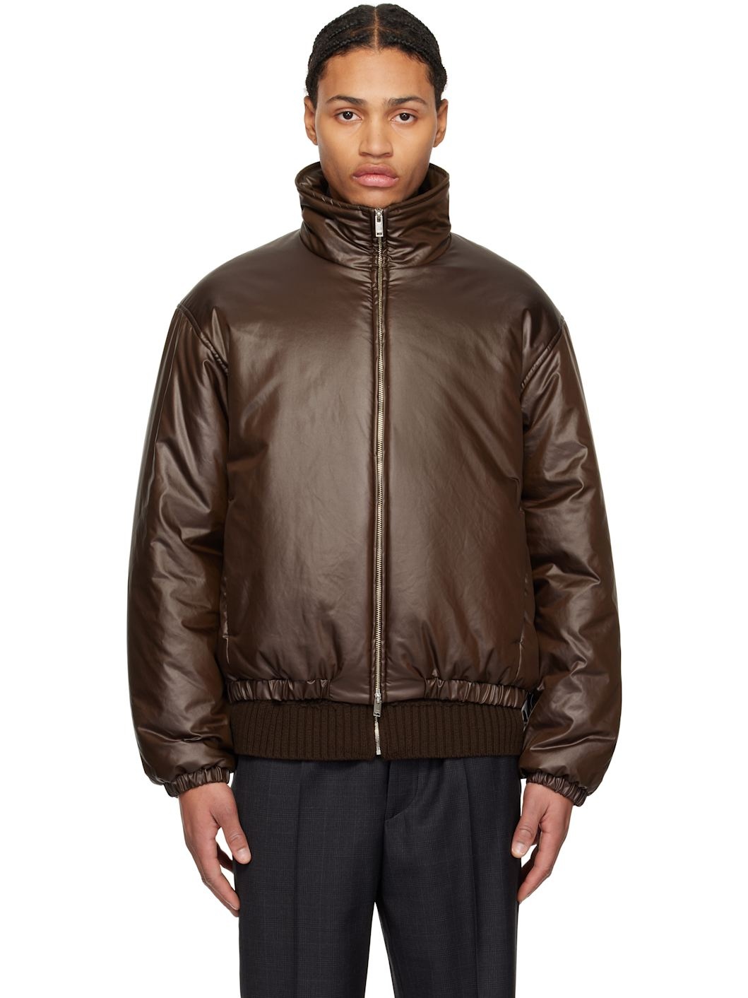 Brown Leather-Like Puffer Jacket - 1