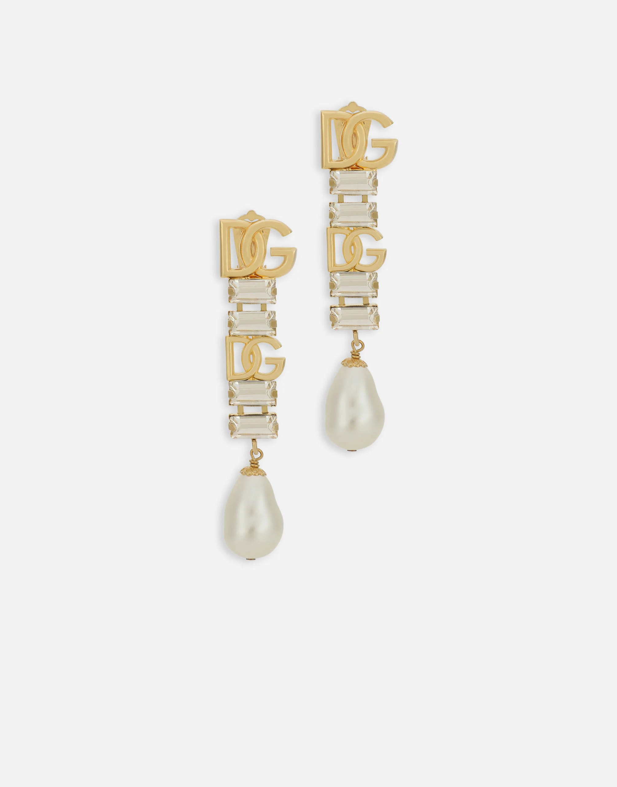 Drop earrings with pearls, rhinestones and DG logo - 1