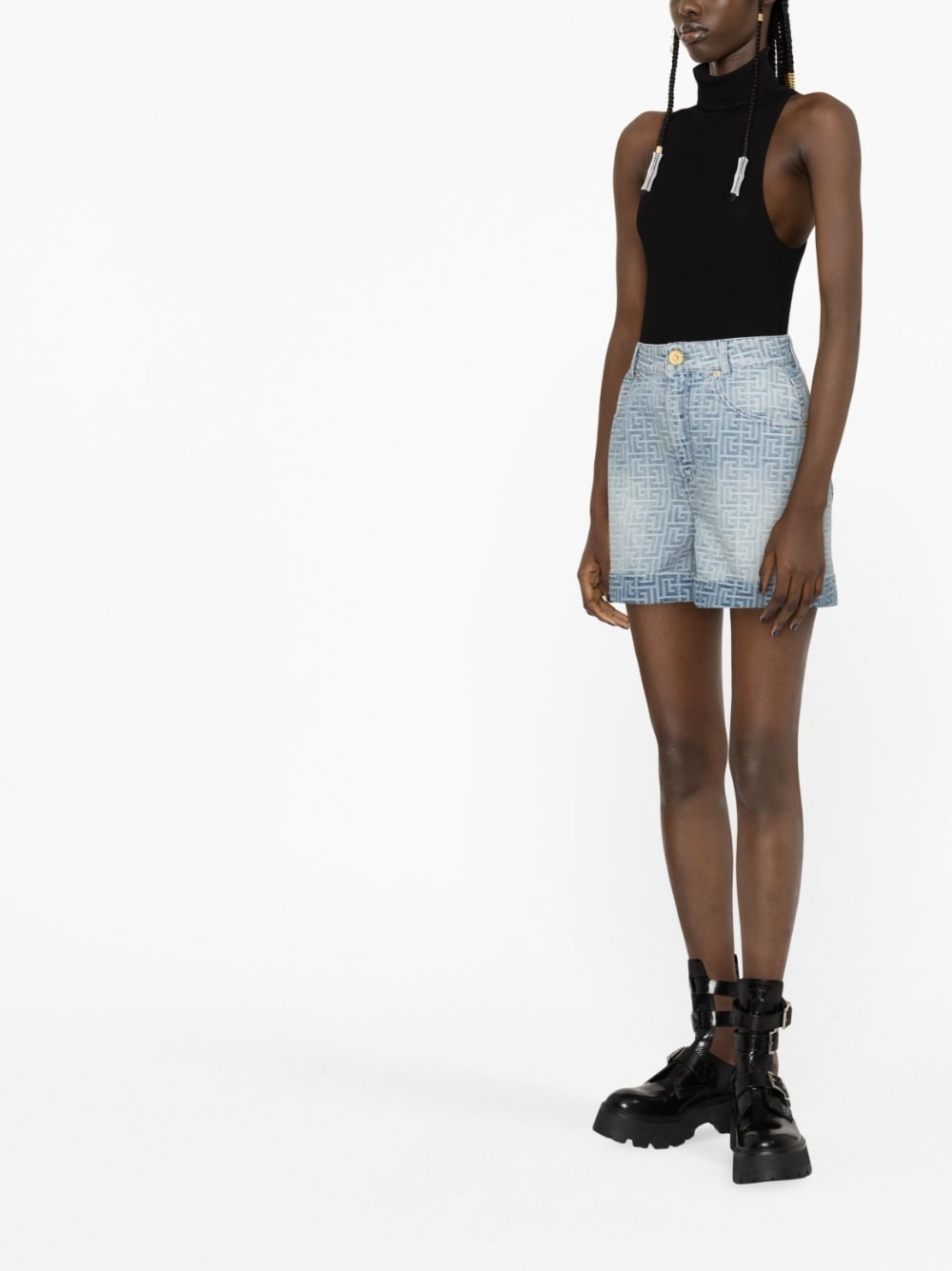 monogram-print cotton denim shorts - 4