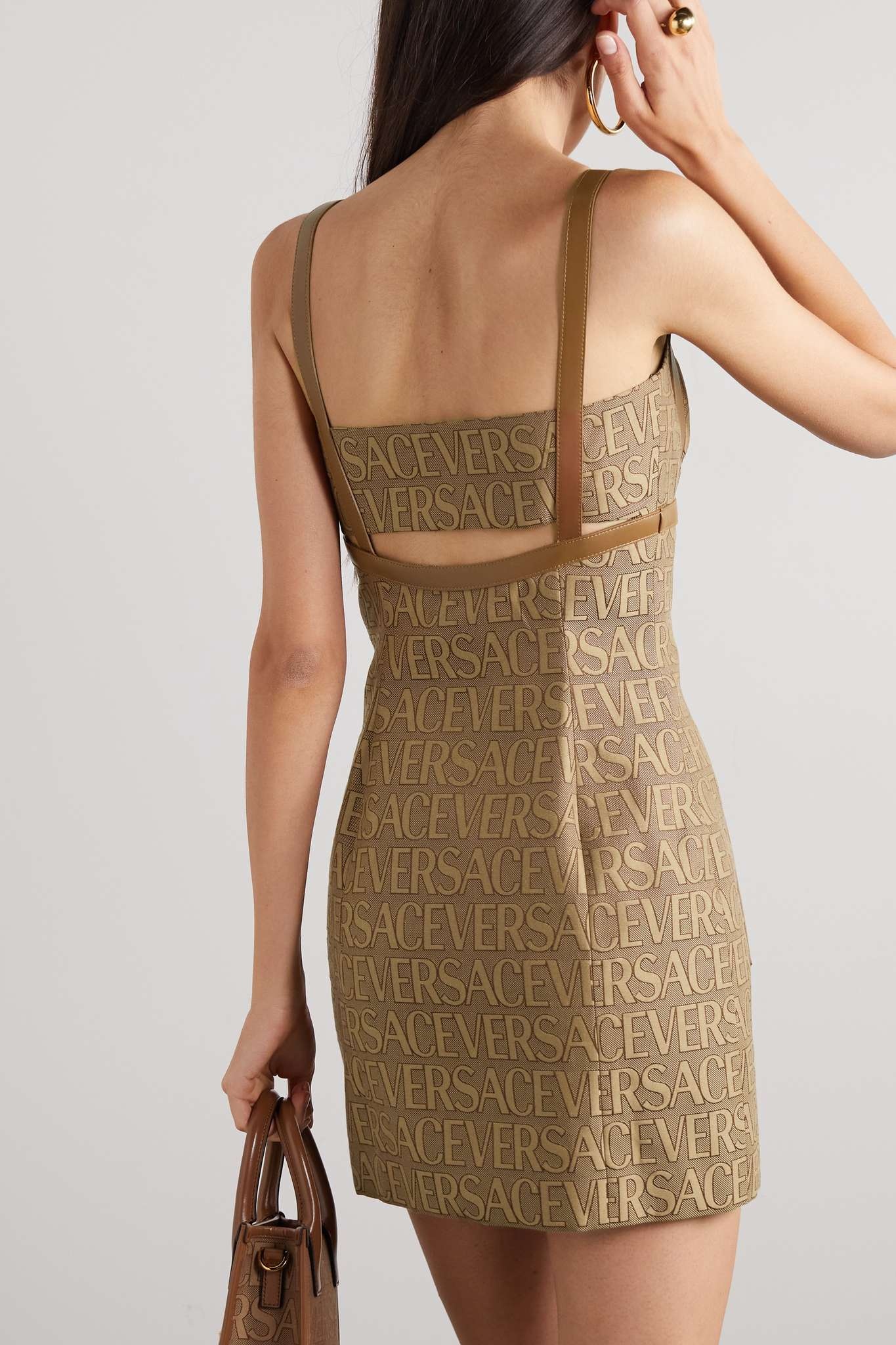 Embellished leather-trimmed cutout canvas-jacquard mini dress - 3