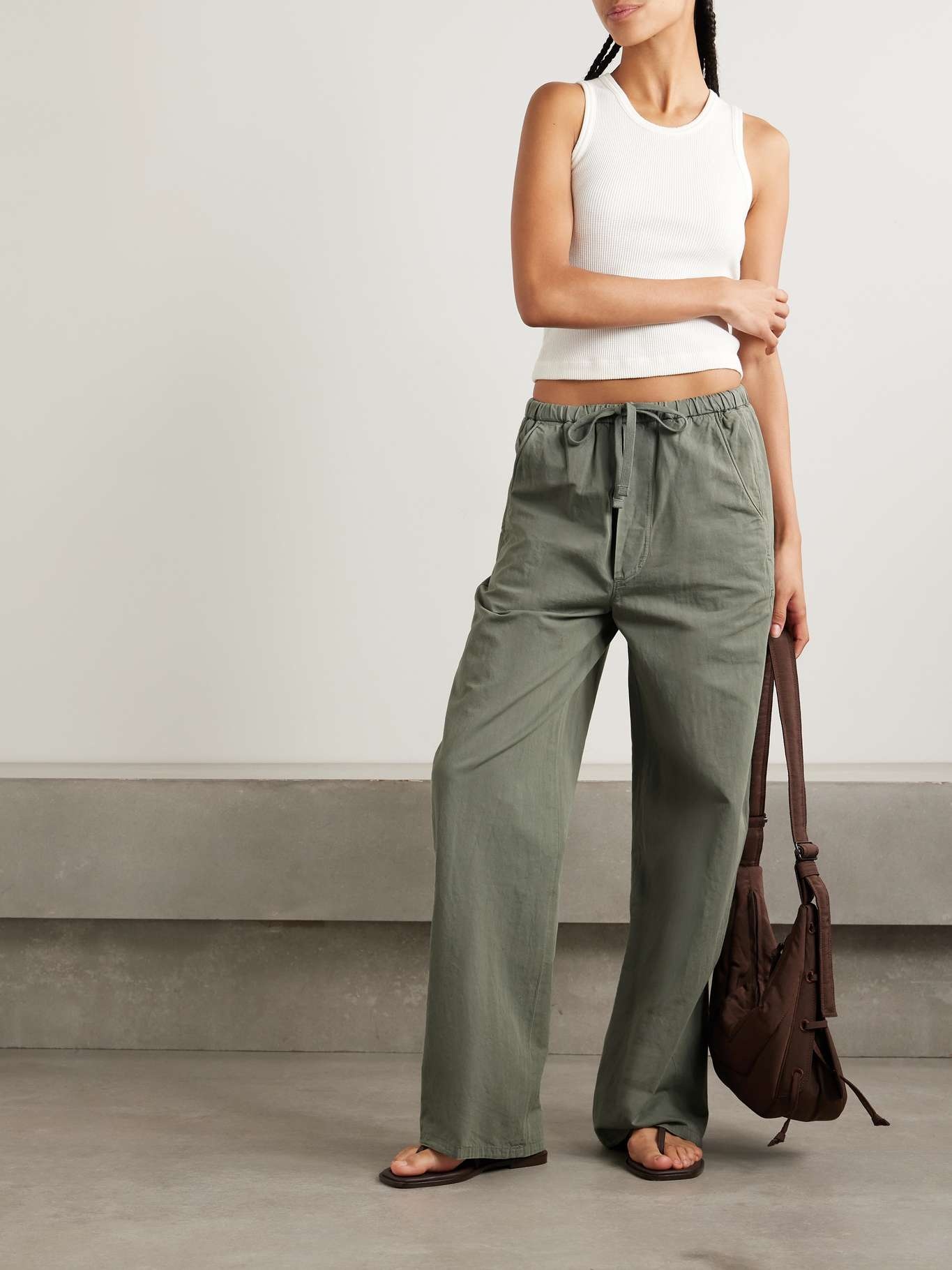 Aurora cotton and linen-blend wide-leg pants Army green - 2