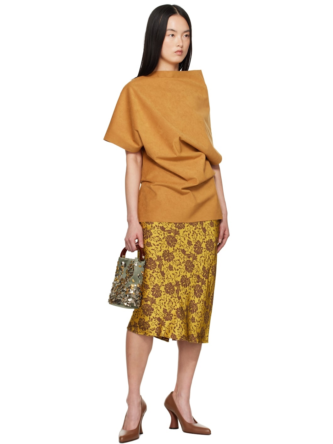 Yellow & Brown Damask Midi Skirt - 4
