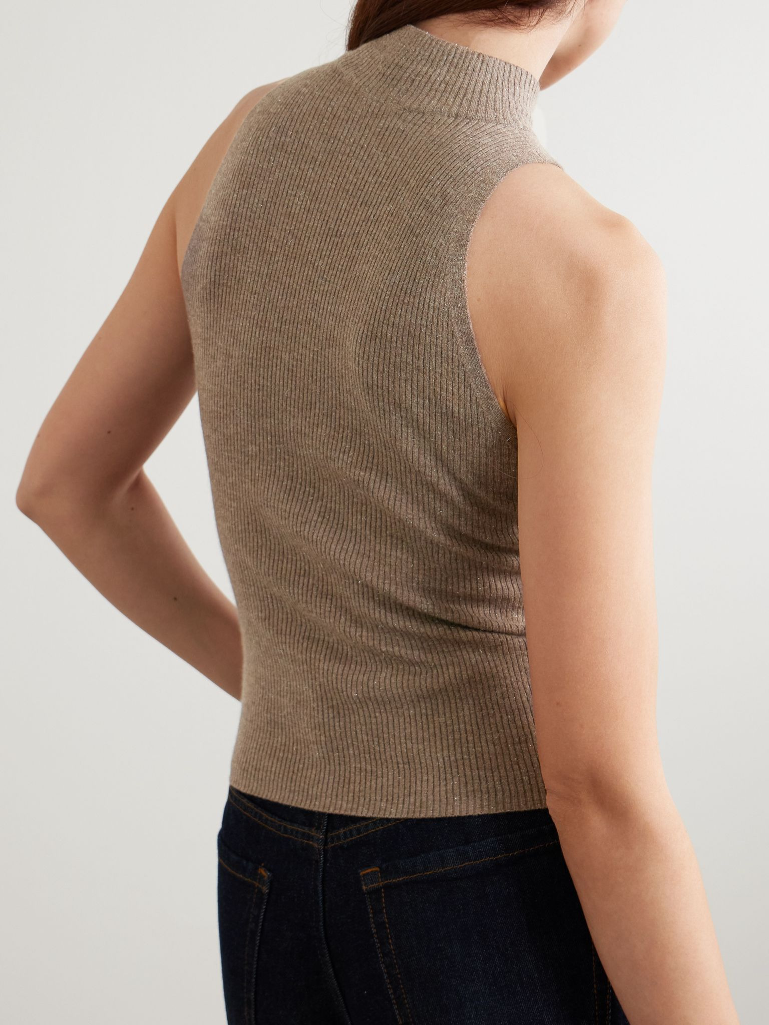 Metallic ribbed-knit turtleneck tank Brown - 3