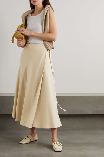 Loro Piana Antigua tie-detailed linen midi wrap skirt outlook
