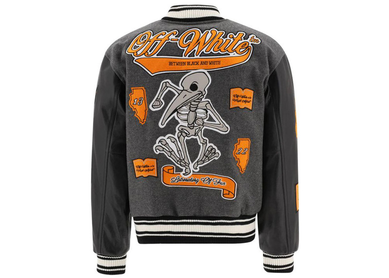 Off-White OFF-WHITE Patch Embellished Varsity Bomber Jacket Medium Grey Yellow Black outlook