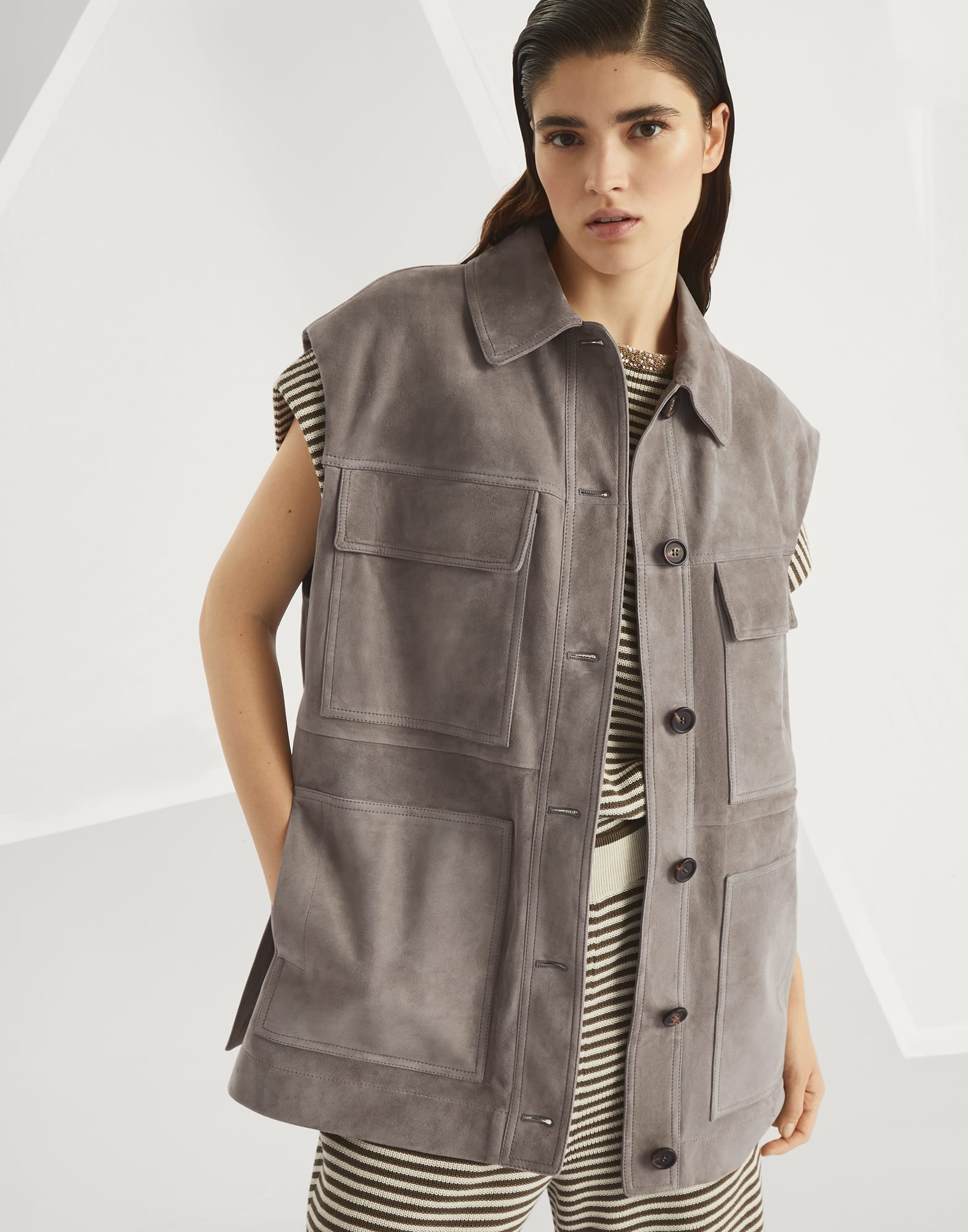 Couture suede four-pocket vest with monili - 4