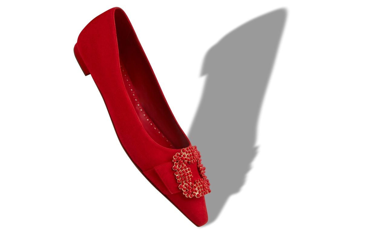 Red Suede Pearl Buckle Flat Pumps - 2