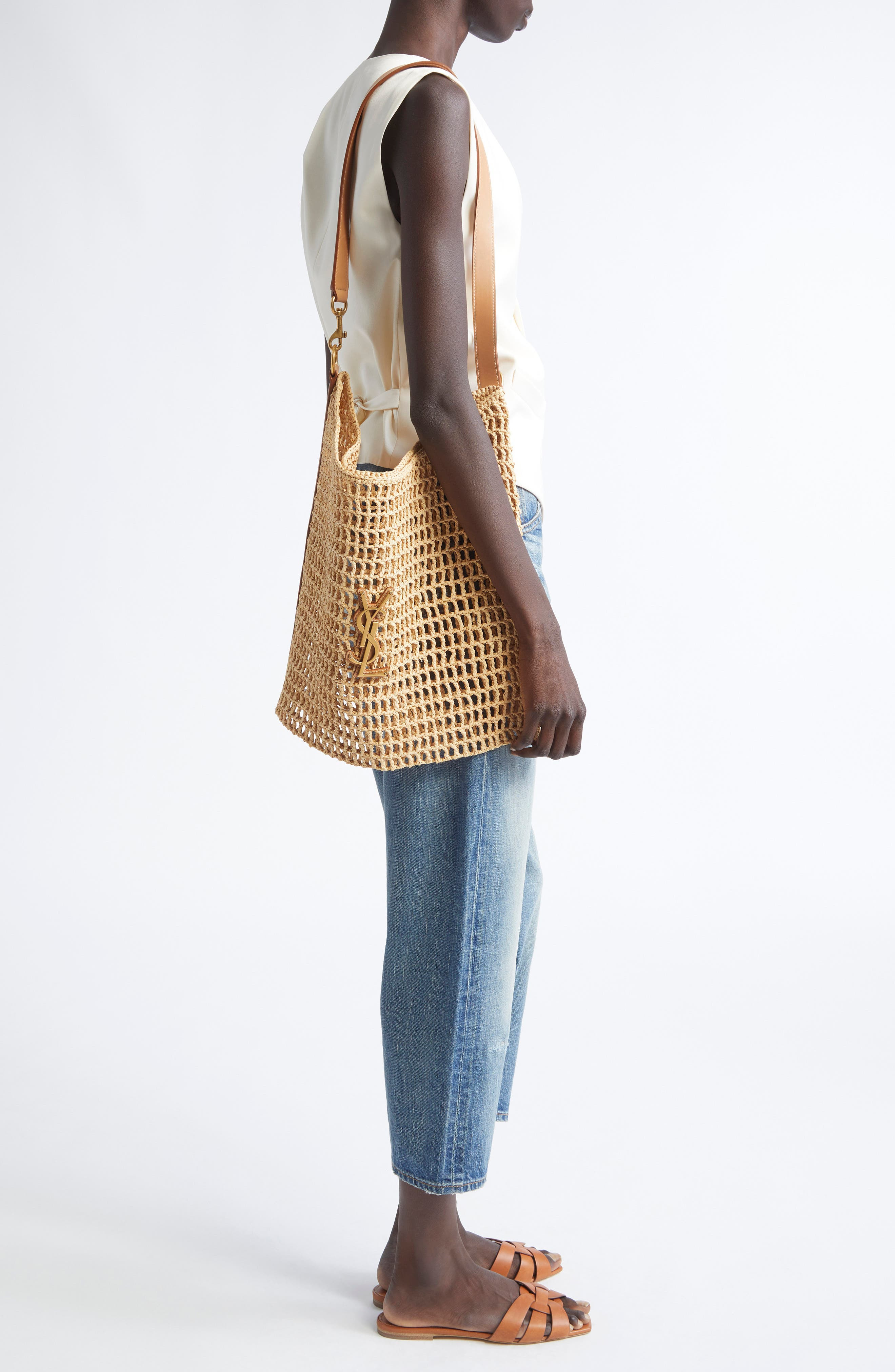 Saint Laurent Oxalis Raffia Macramé Shoulder Bag in Naturel/Vintage Brown/Gold at Nordstrom - 2