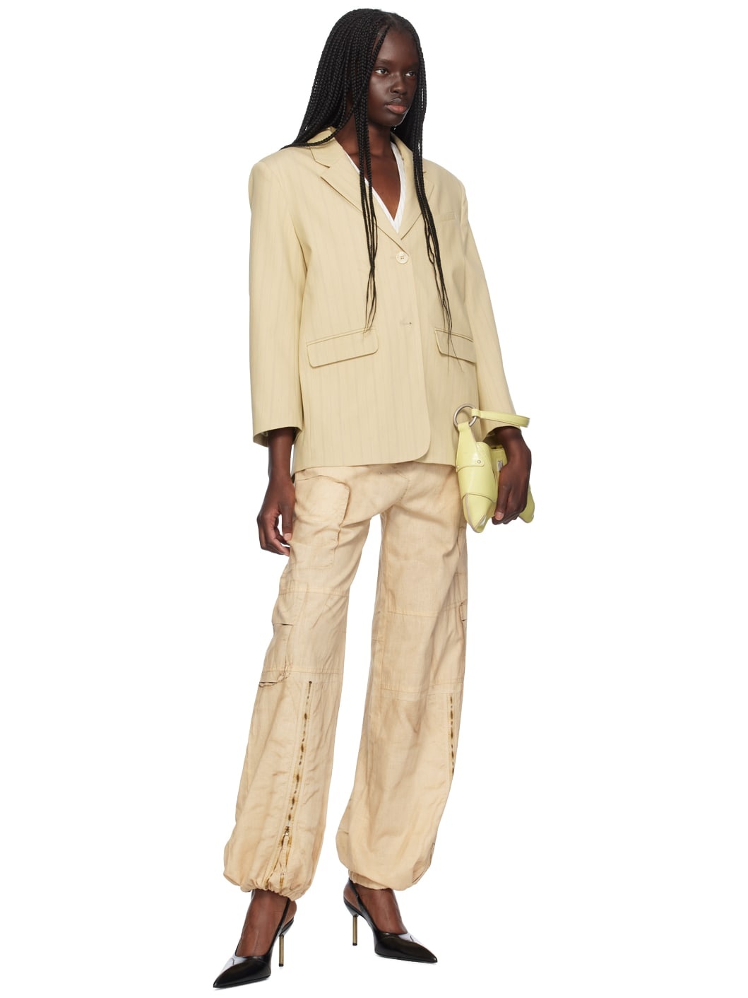 Beige Stripe Suiting Boxy Blazer - 4