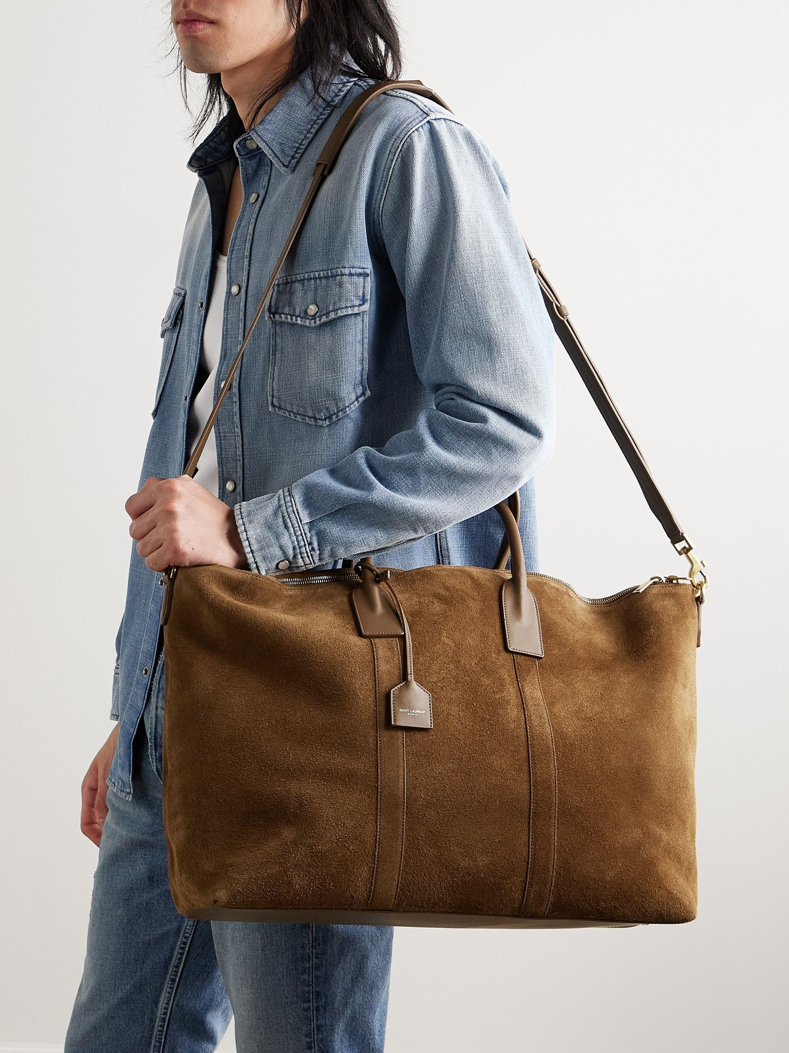 Leather-Trimmed Suede Tote Bag Brown - 2