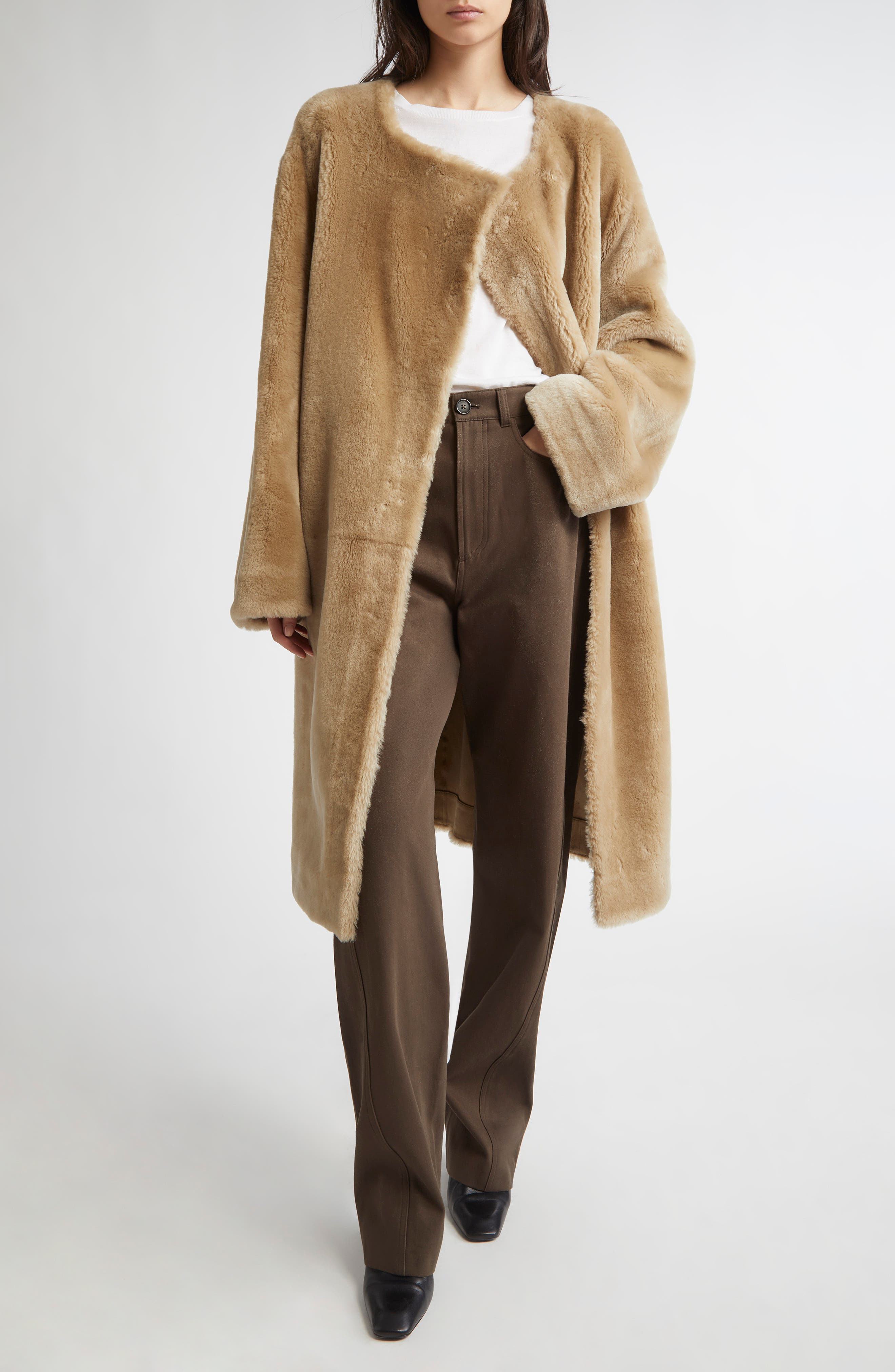 TOTEME Collarless Genuine Shearling Coat in Rye at Nordstrom - 2