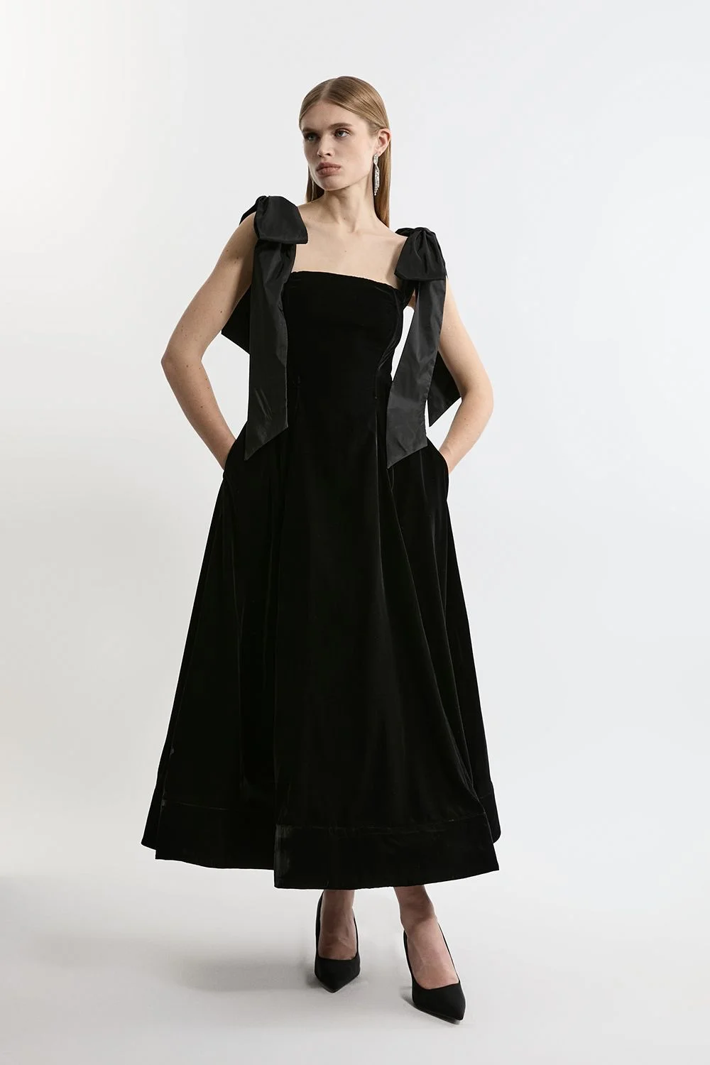 Petite Velvet Bardot Woven Prom Midaxi Dress With Taffeta Bow - 1