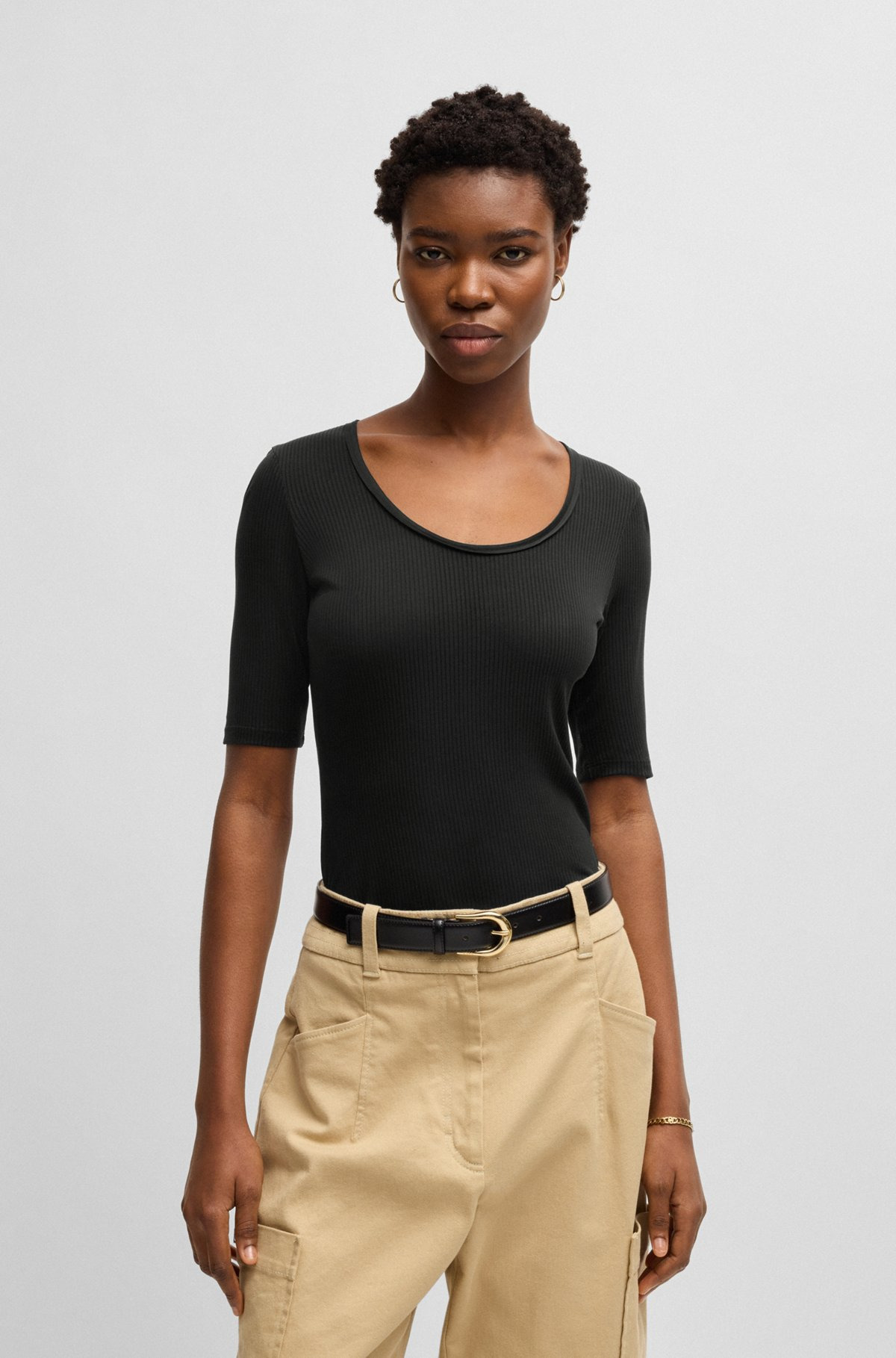 SCOOP-NECK T-SHIRT IN RIBBED STRETCH FABRIC - 2