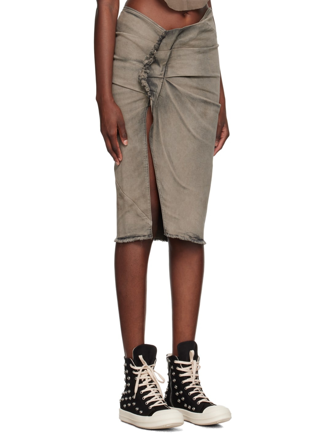 Gray Frayed Denim Midi Skirt - 2