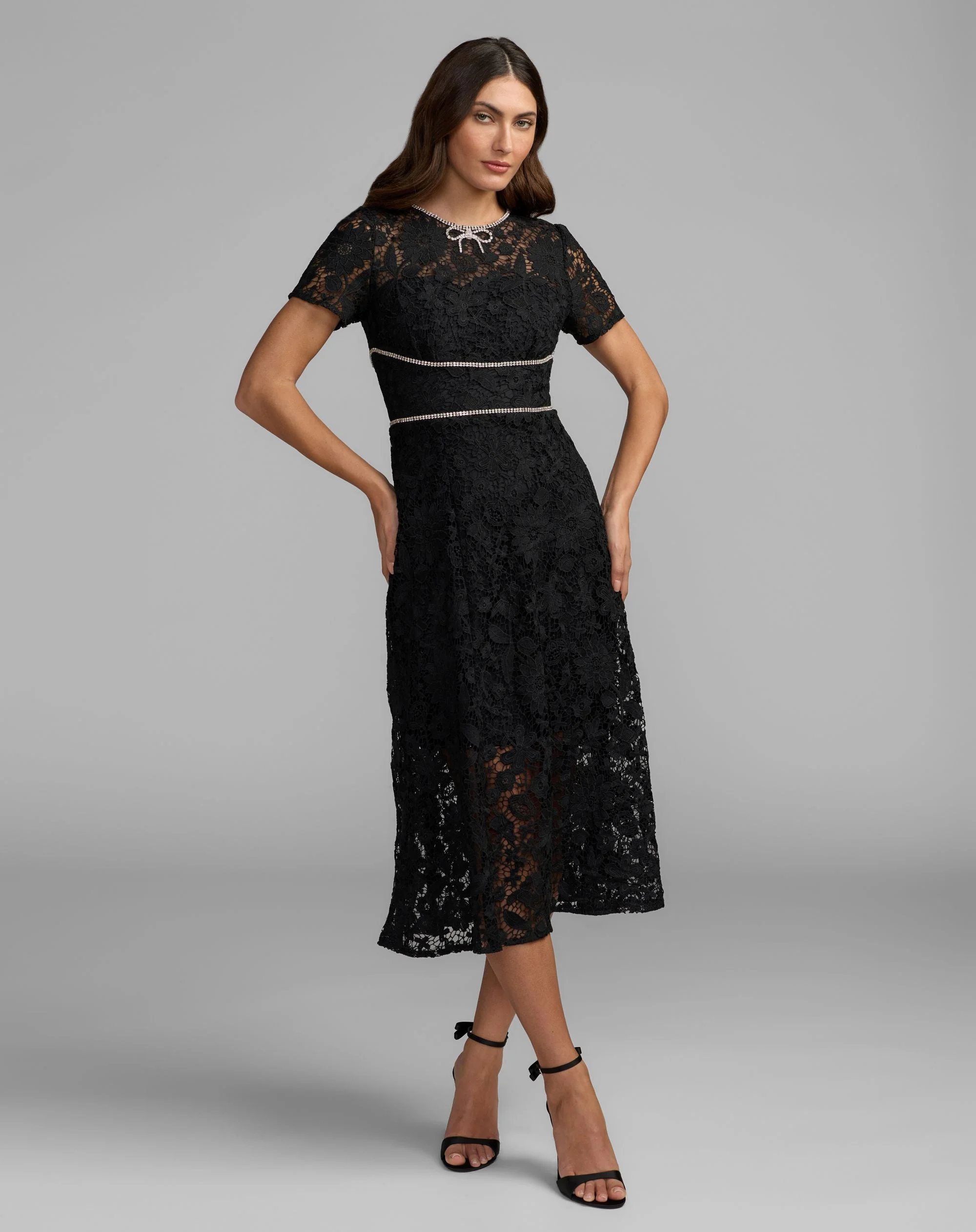 Black Short Sleeve Lace Midi Dress With Rhinestone Trim - 1