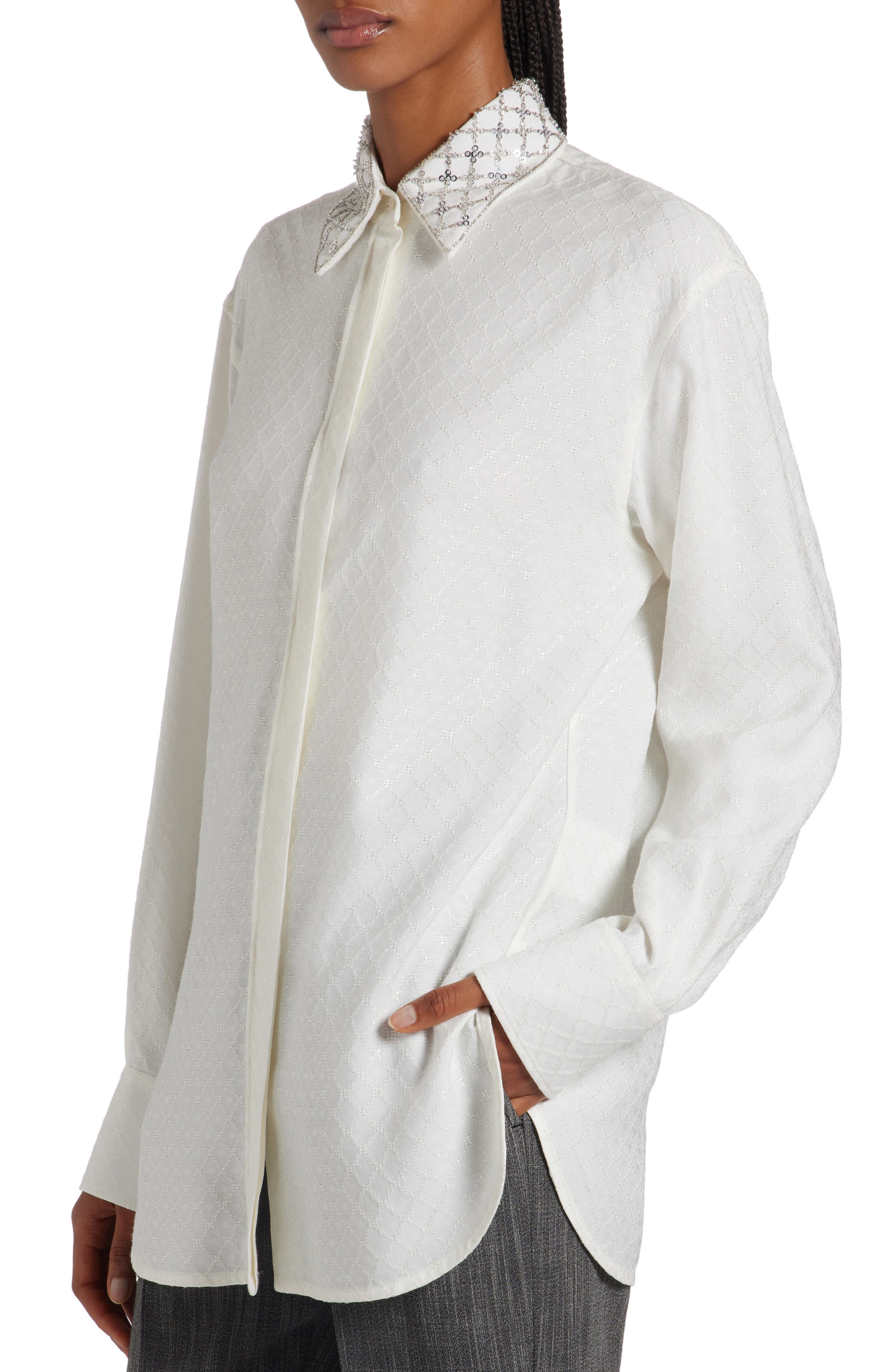 Crystal Embellished Jacquard Silk Blend Button-Up Shirt - 5
