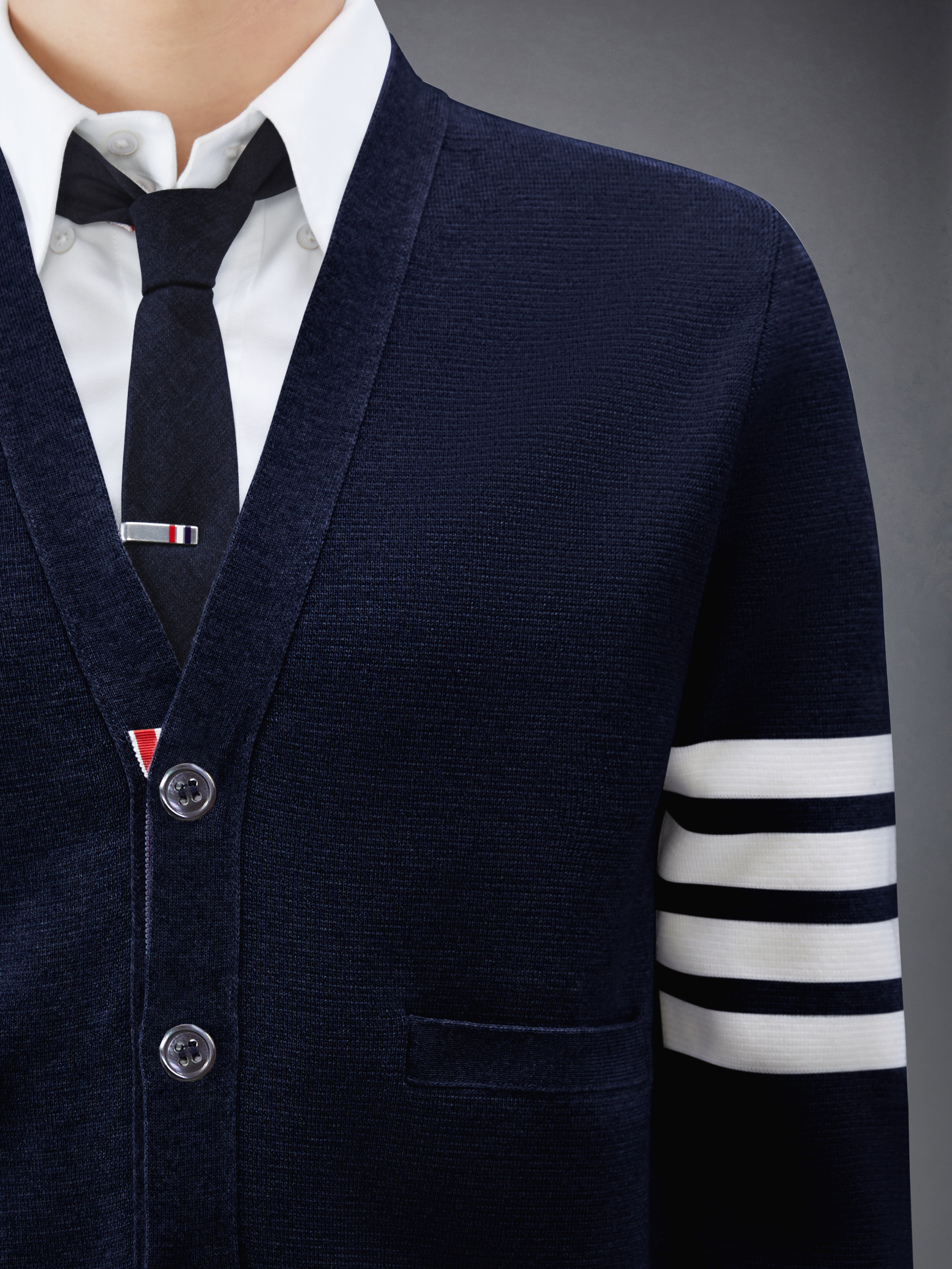 Navy Milano Stitch Fine Merino Wool 4-Bar V-Neck Cardigan - 6