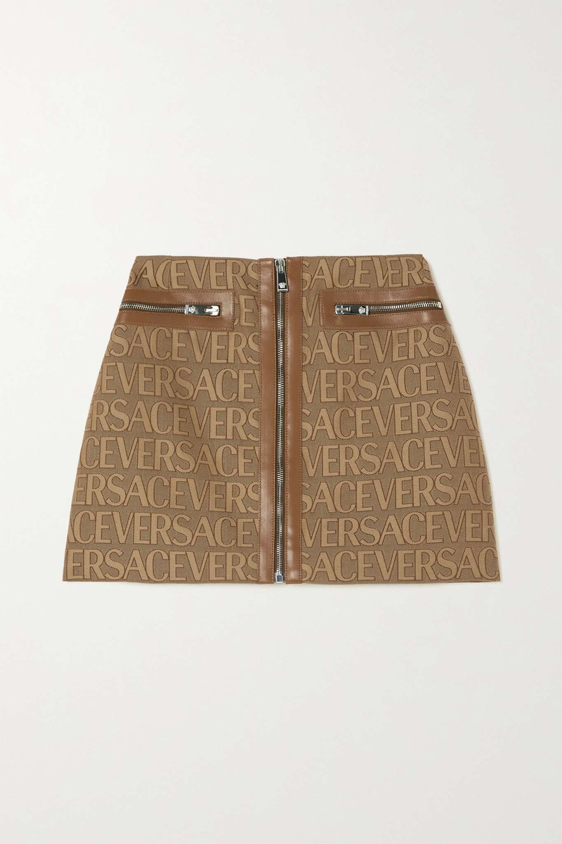 Leather-trimmed canvas-jacquard mini skirt 1
