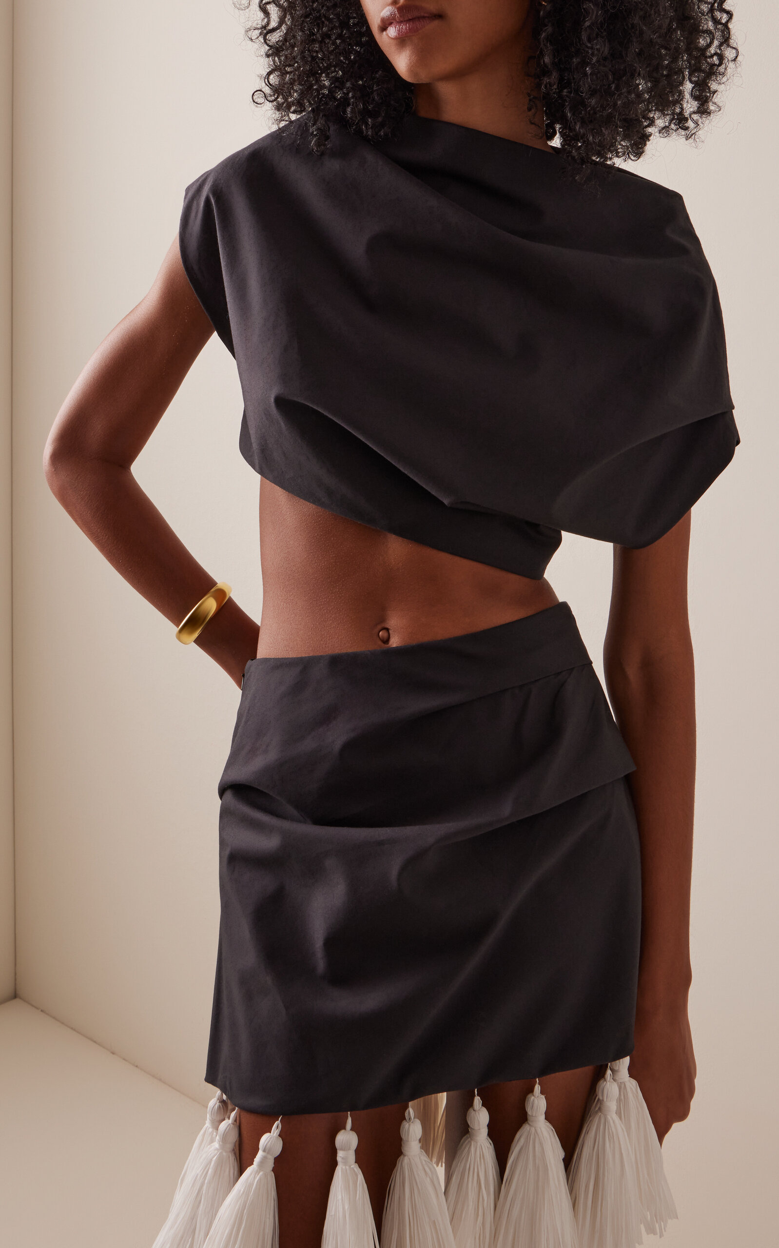 Exclusive RIviera Asymmetric Draped Satin Cotton Crop Top black - 2