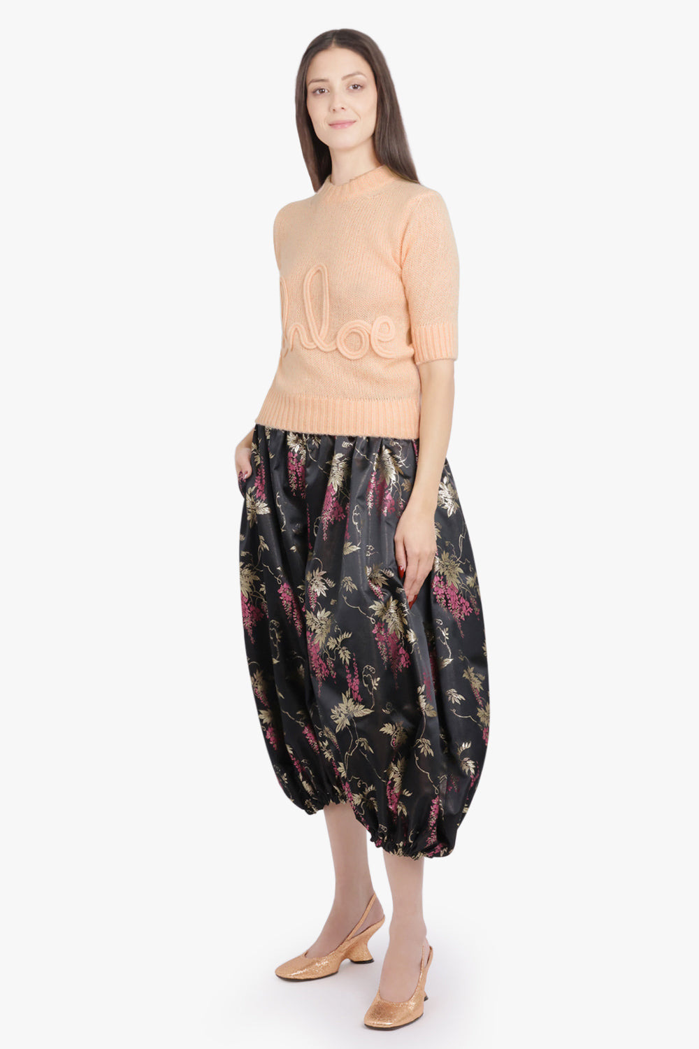 GATHERED FLORAL PRINT BALLOON PANT WITH CUFF | BLACK/PINK/GOLD - 6
