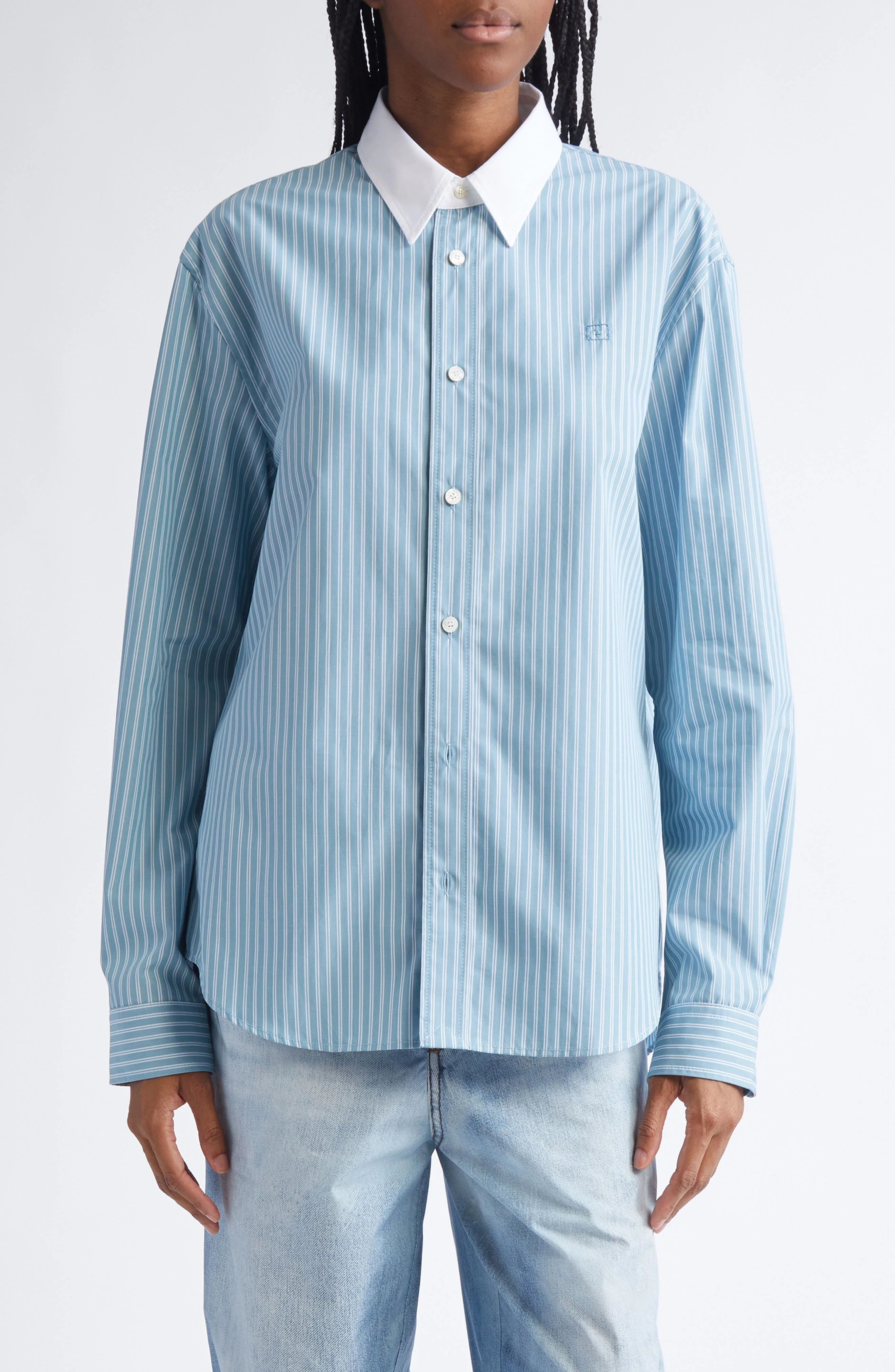 Acne Studios Sunnie Stripe Organic Cotton Poplin Button-Up Shirt in Turquoise Blue - 1