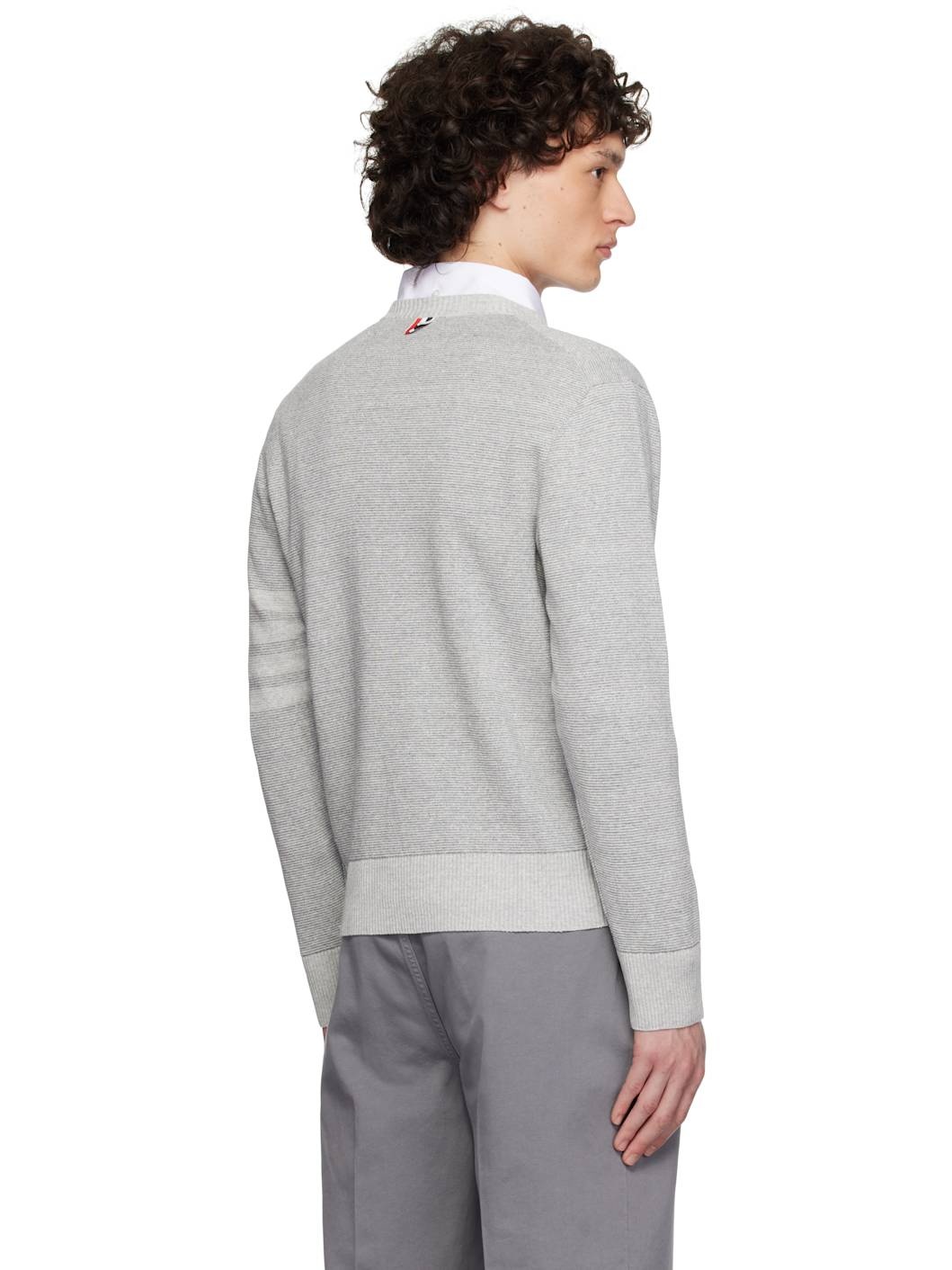 Gray Textured Striped Stitch Linen Cotton V Neck Sweater - 3