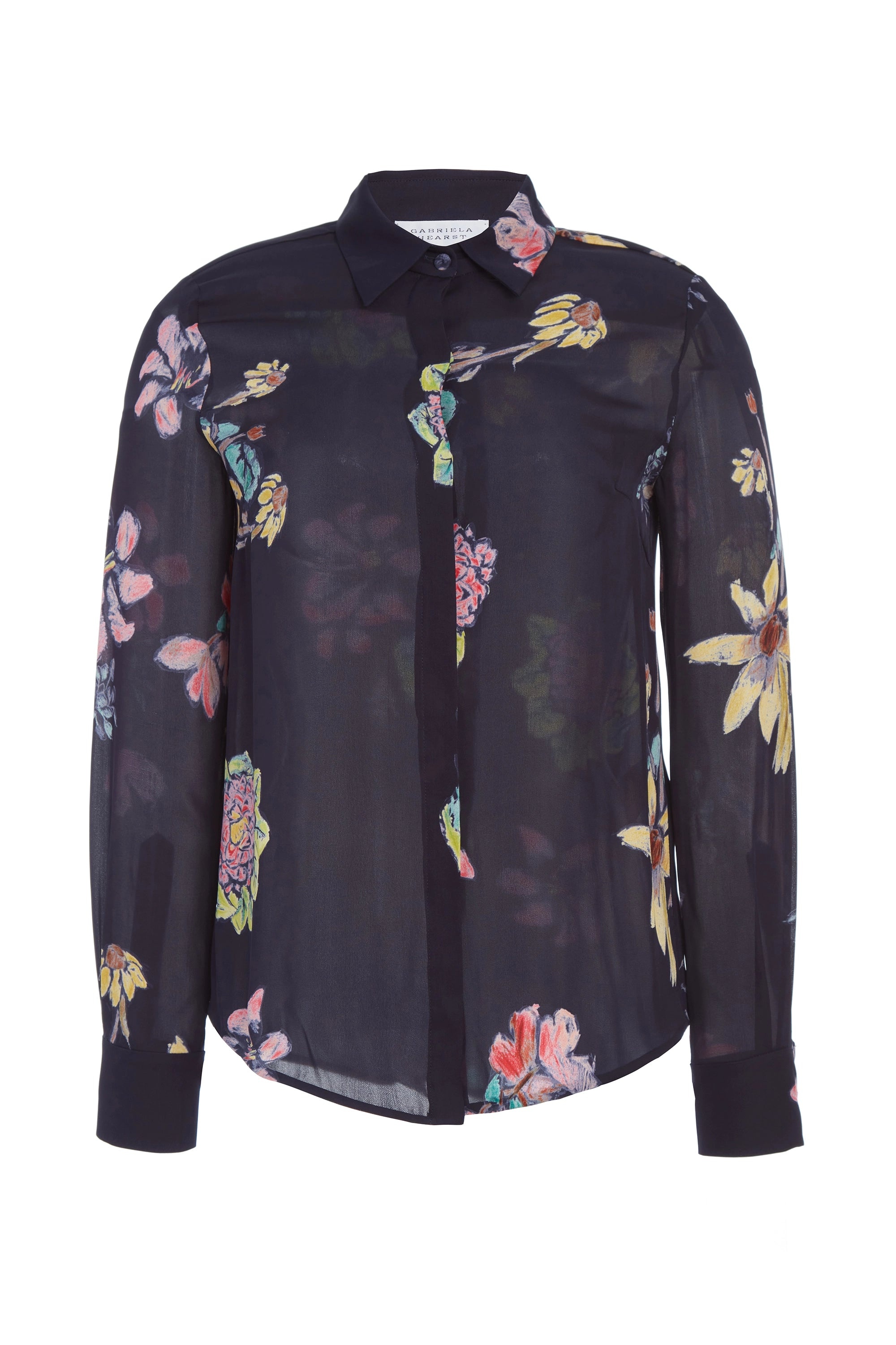 Henri Blouse in Dark Navy Print Silk - 1