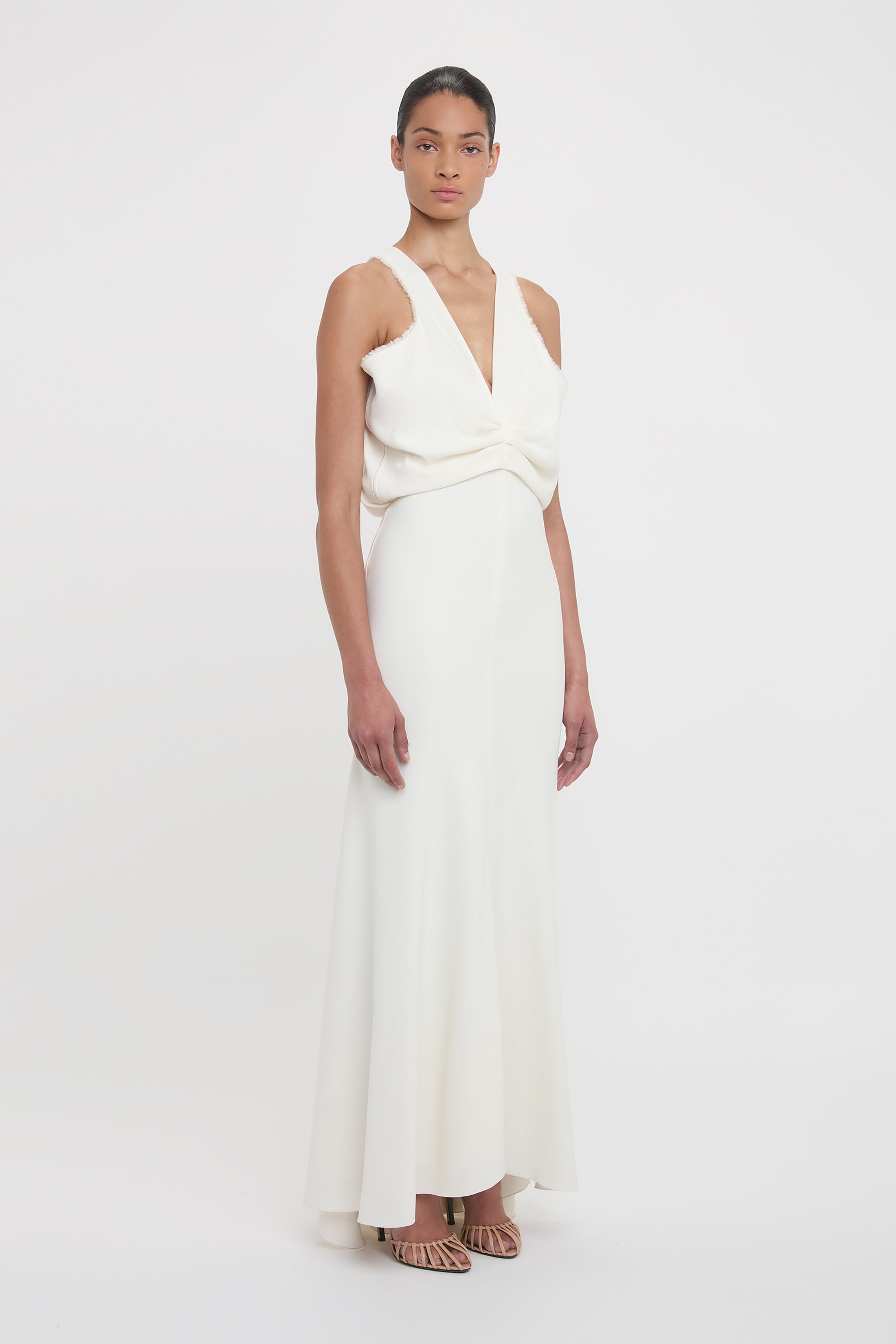 Draped Armhole Detail V-Neck Gown In Ivory - 3
