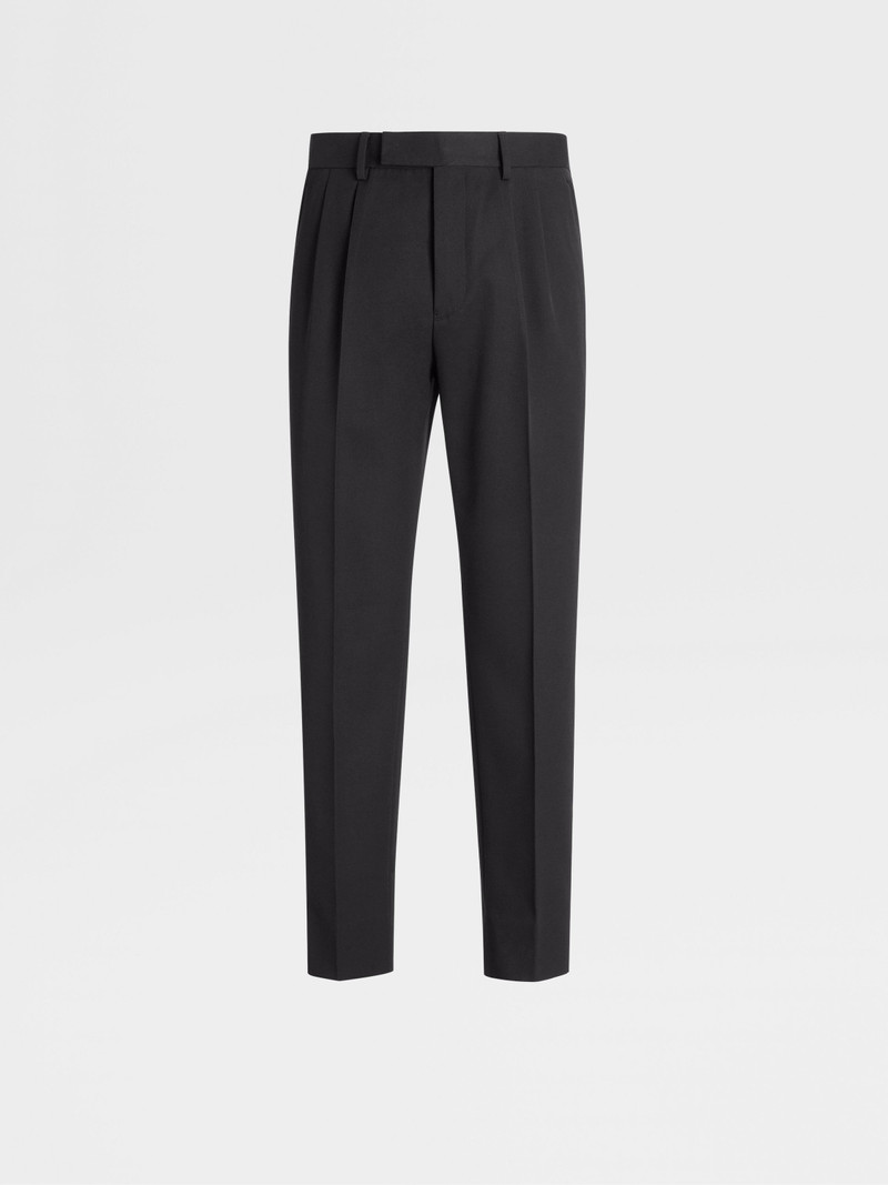 BLACK COTTON AND WOOL DOUBLE PLEAT PANTS 1