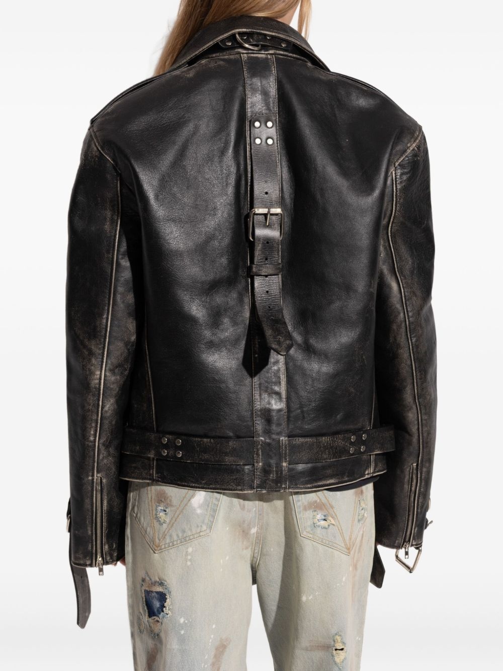 belted distressed leather jacket - 4