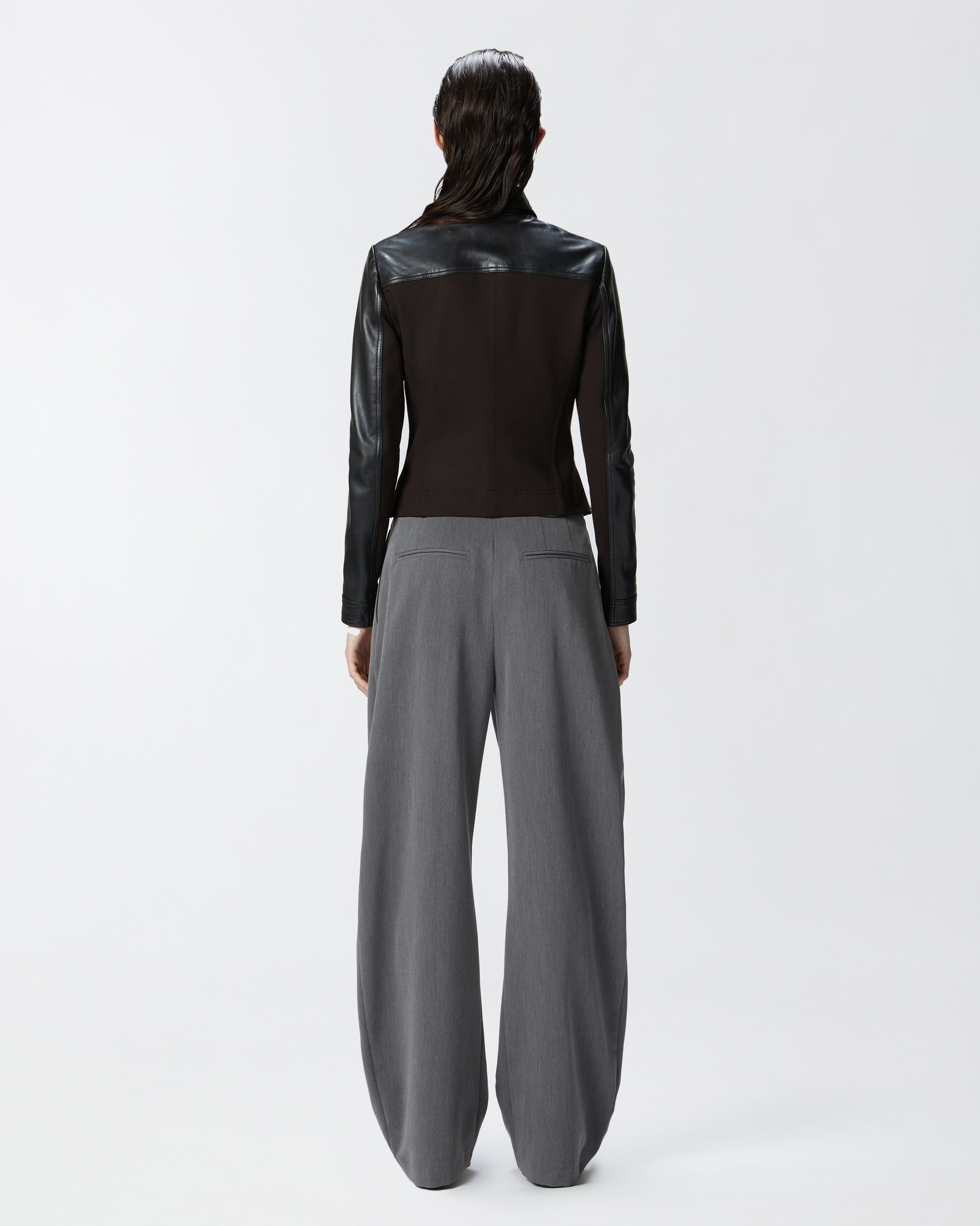 SHORT LEATHER AND TECHNICAL FABRIC BIKER JACKET - 4