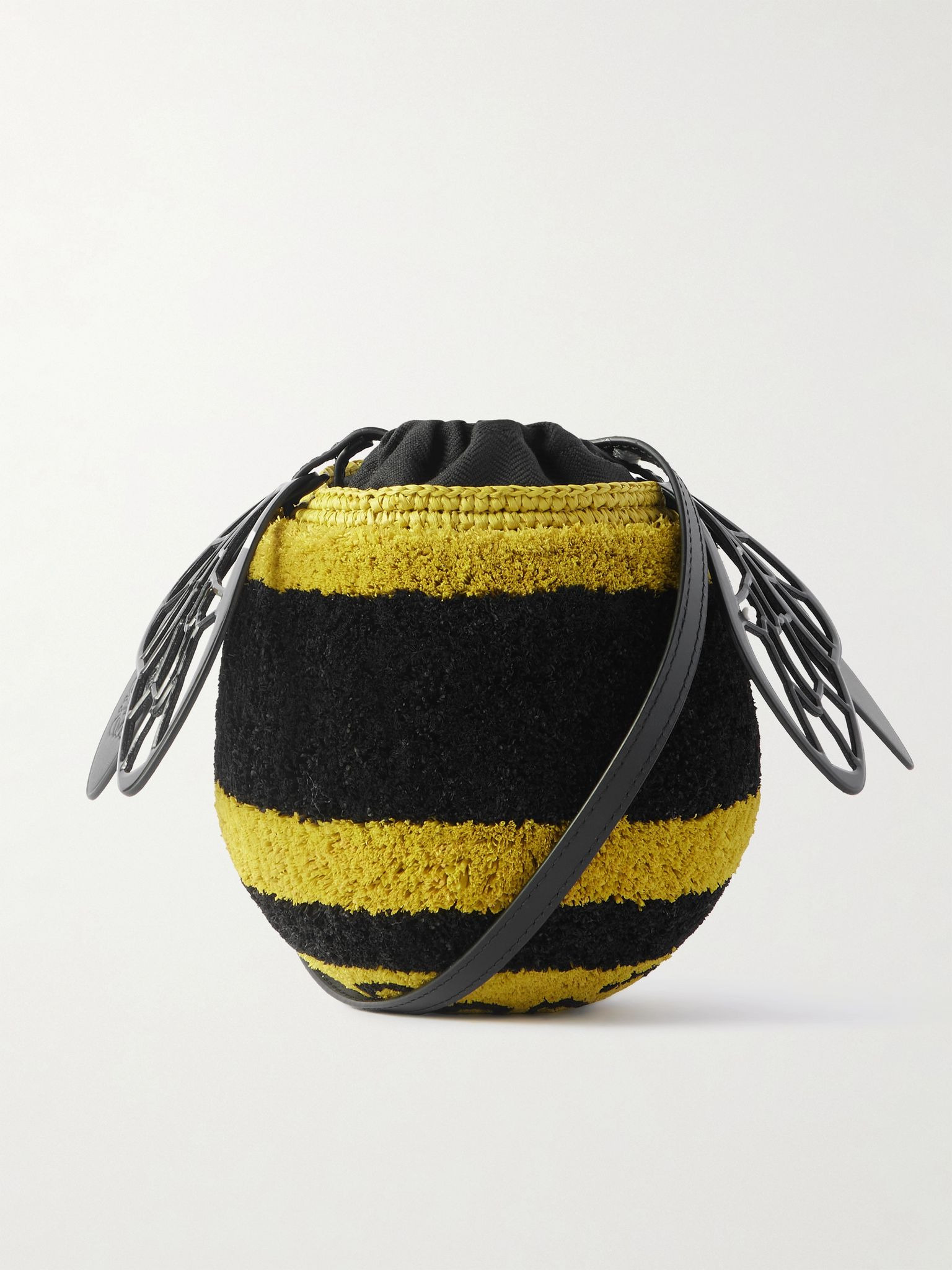 + Paula's Ibiza Leather-Trimmed Striped Raffia Bucket Bag Black - 1