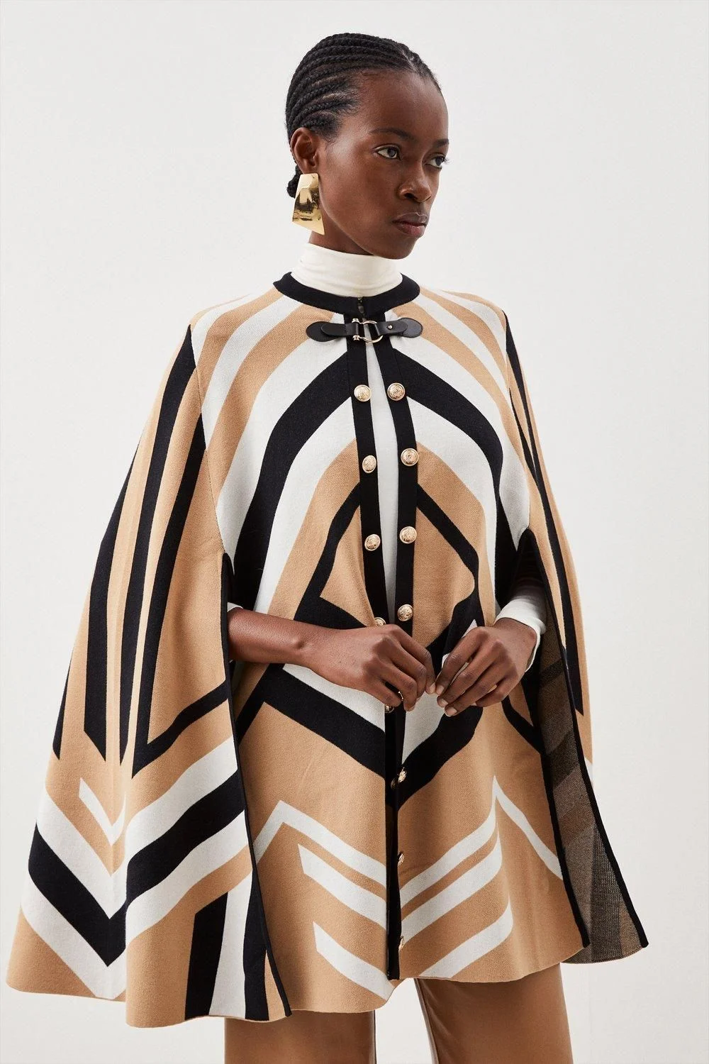 Viscose Blend Military Trim Knitted Cape - 1