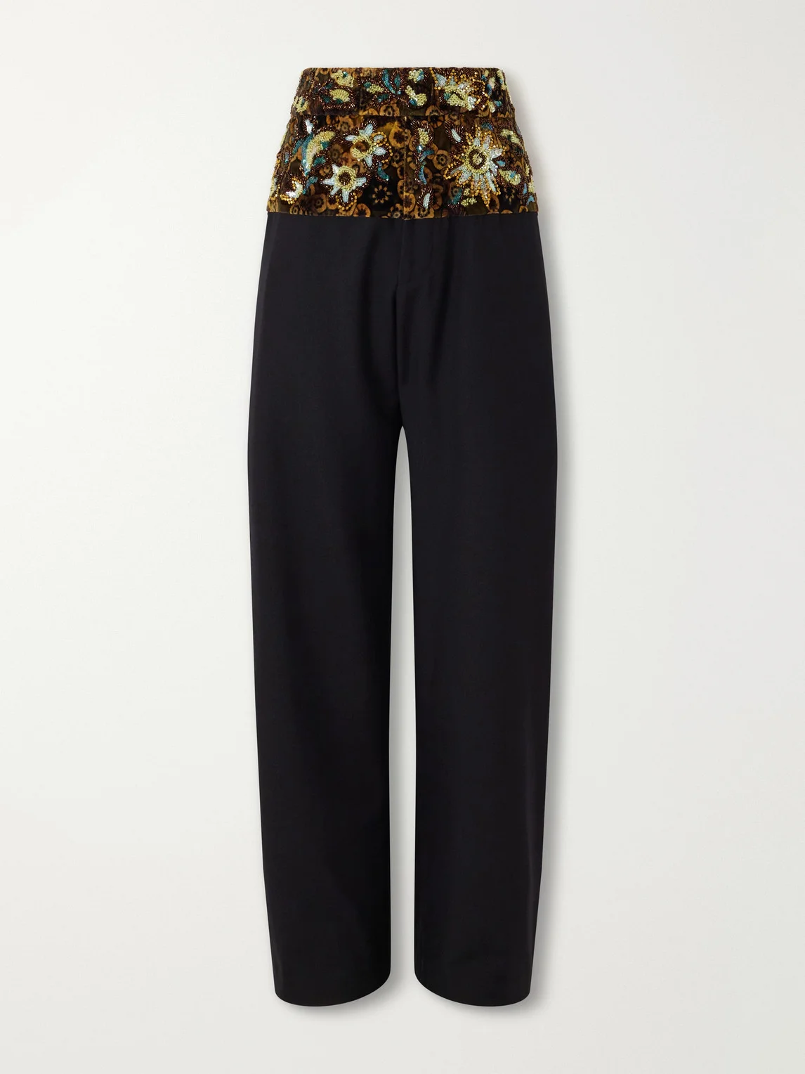 Wide-Leg Embellished Velvet-Trimmed Wool and Cotton-Blend Gabardine Trousers - 1