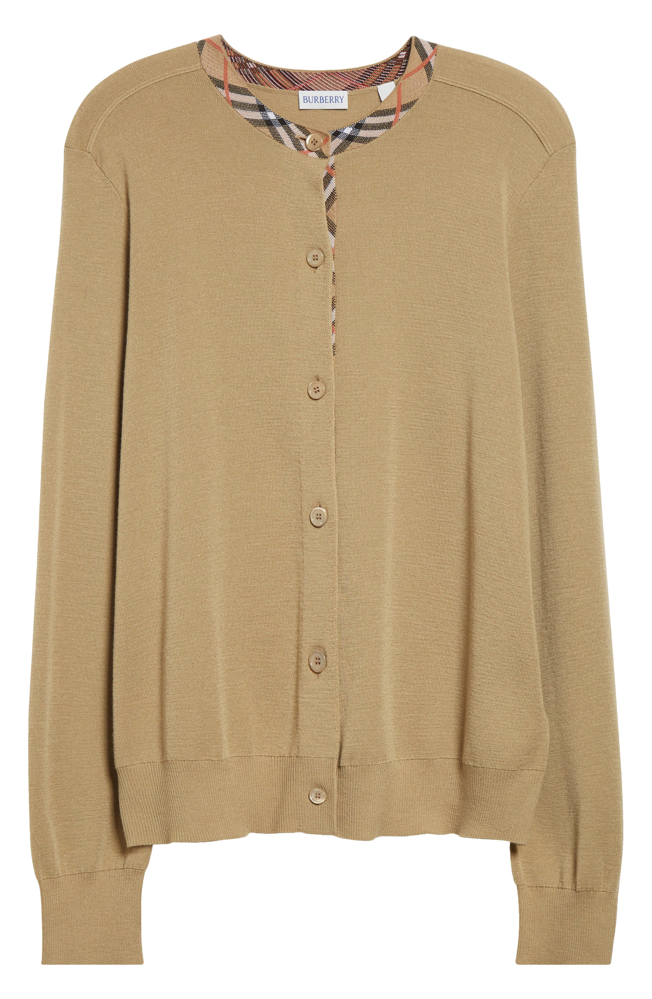 burberry Check Trim Wool Cardigan in Flax at Nordstrom - 5