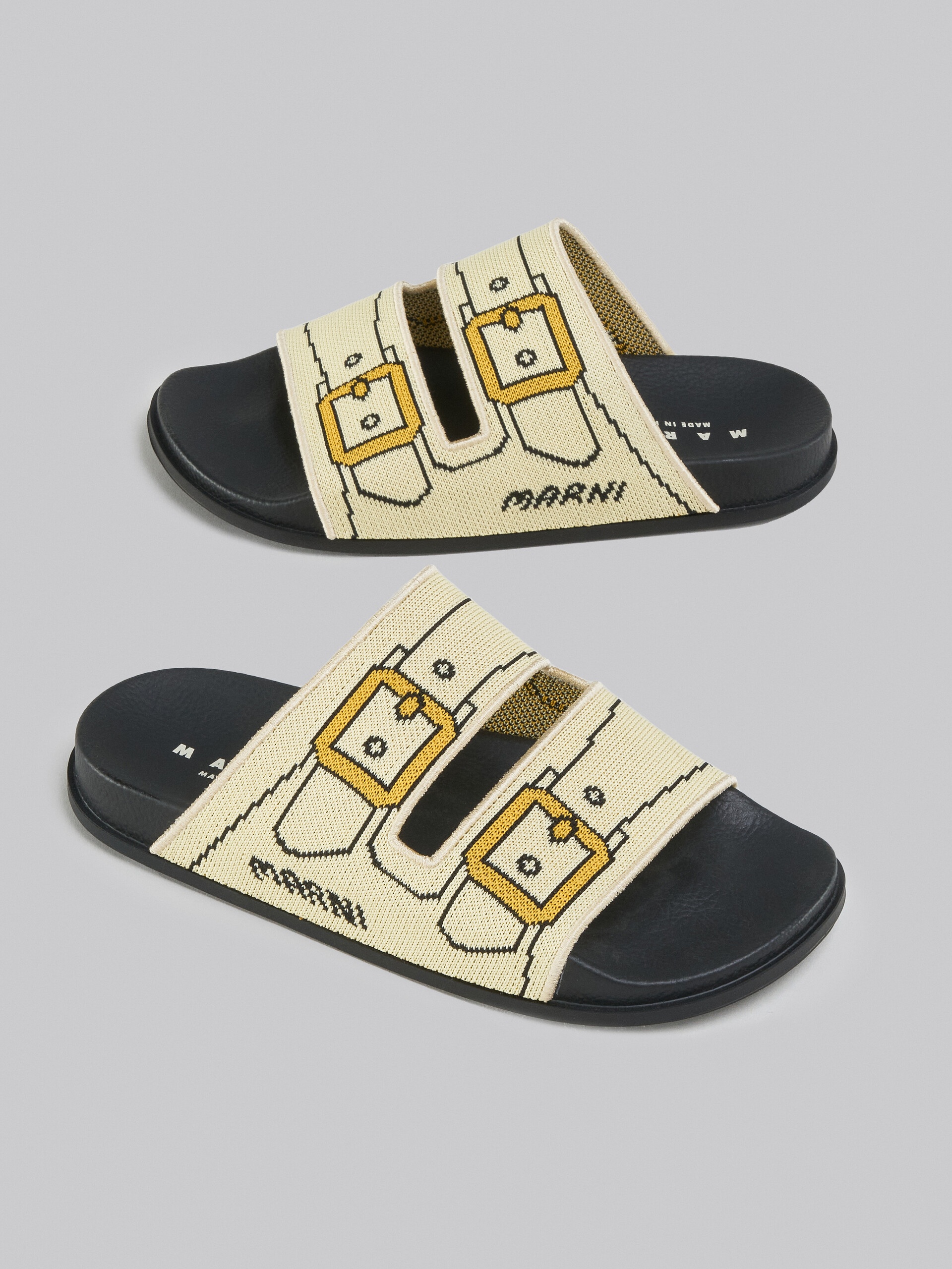 ECRU AND GOLD TROMPE L'OEIL JACQUARD TWO-STRAP SLIDE - 5