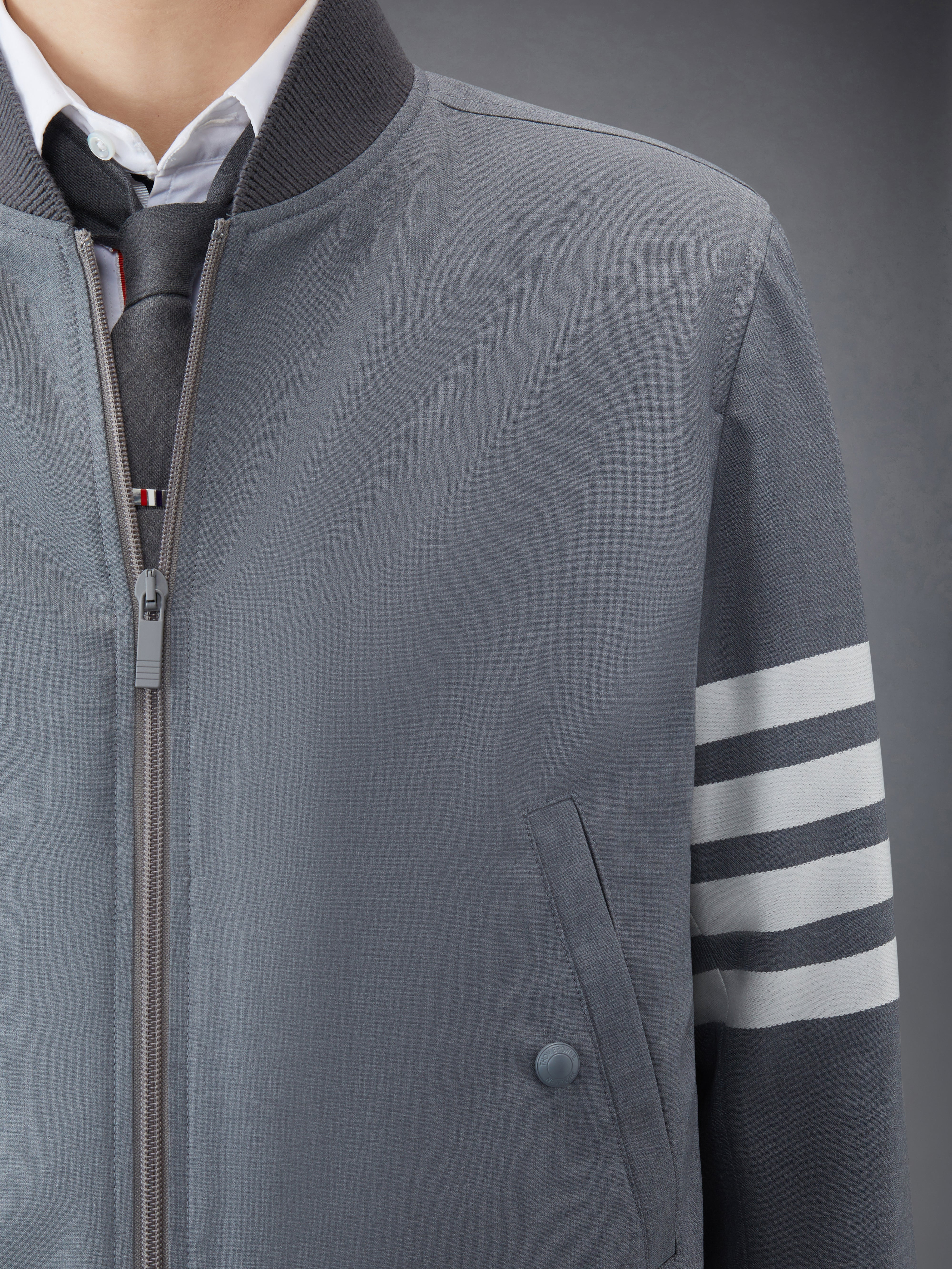 Medium Grey Plain Weave Suiting 4-Bar Knit Rib Blouson Jacket - 6