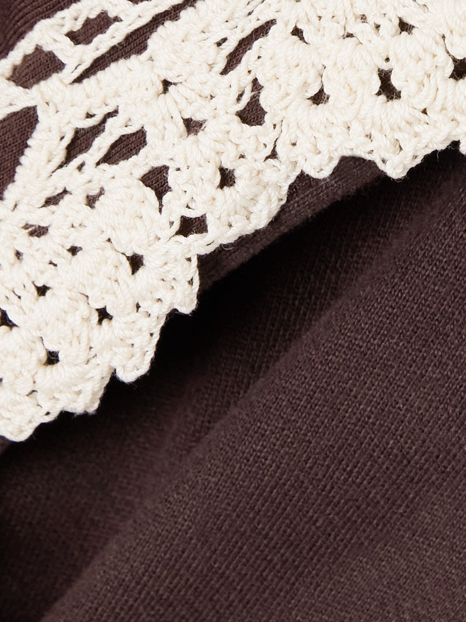 Crocheted lace-trimmed cotton-jersey hoodie Brown - 4