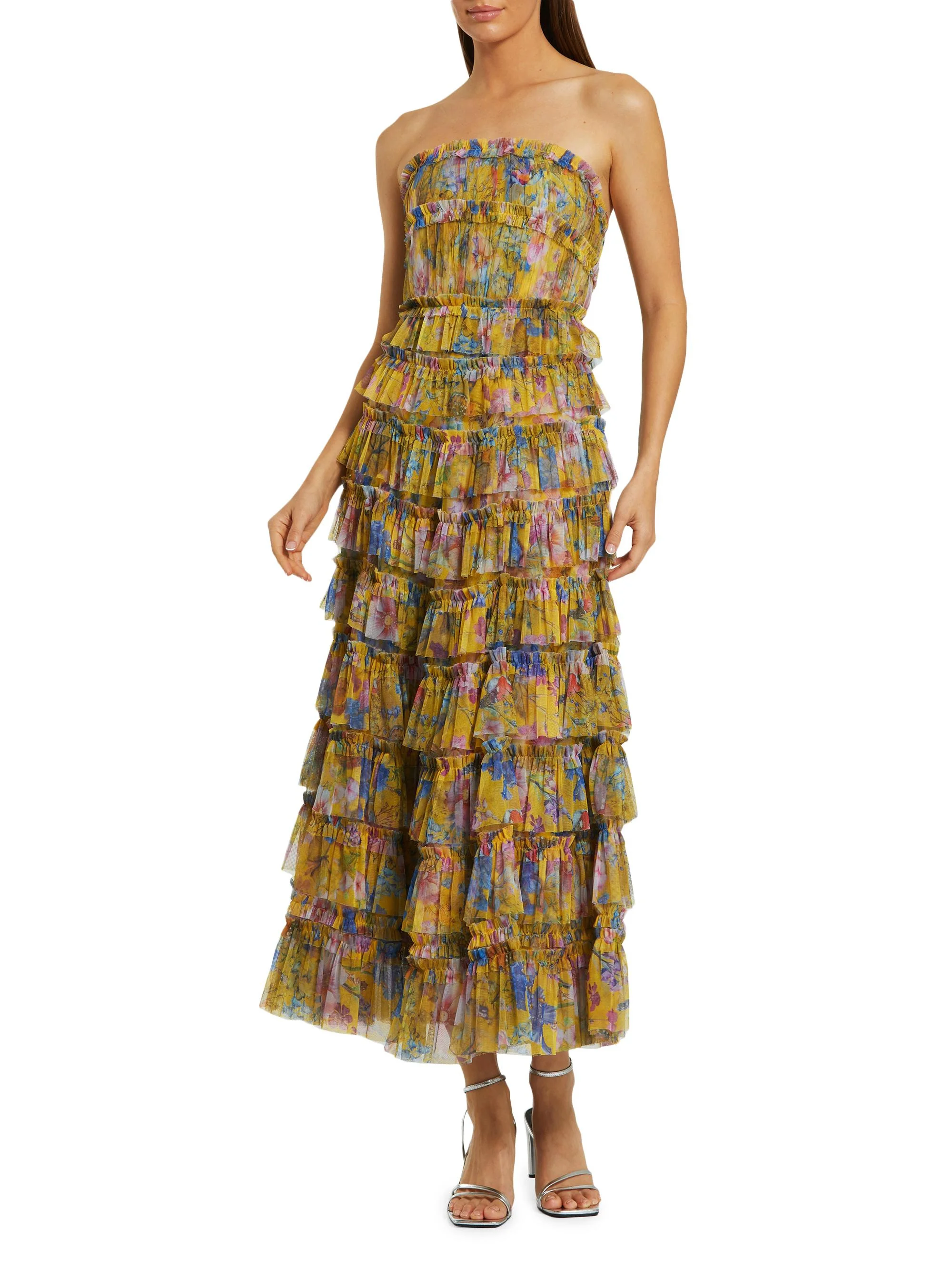 Women's Cocktail Floral Tiered Strapless Maxi-Dress - Yellow Multi - 1