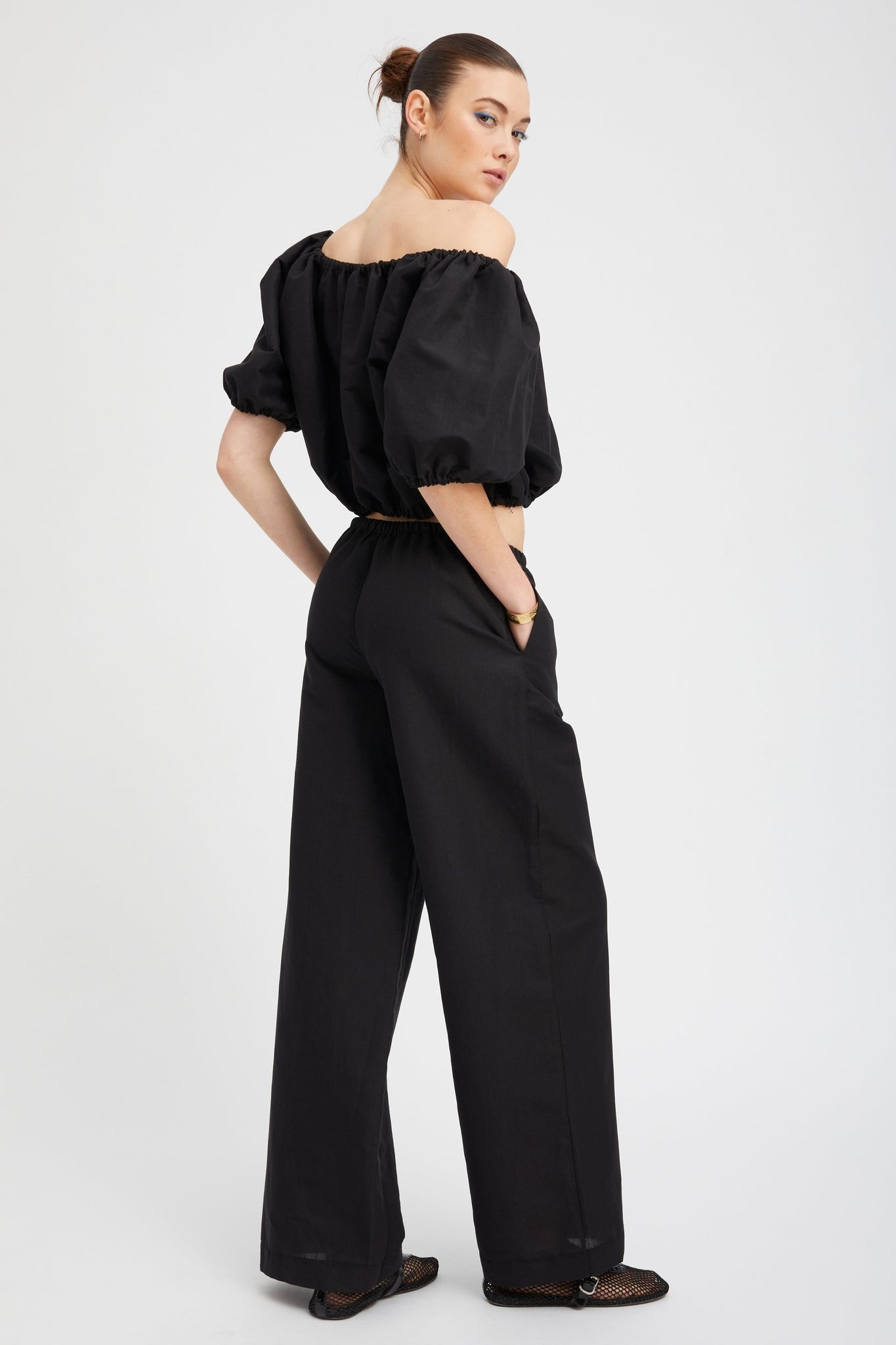 BLACK LINEN DRAWSTRING PANTS - 3
