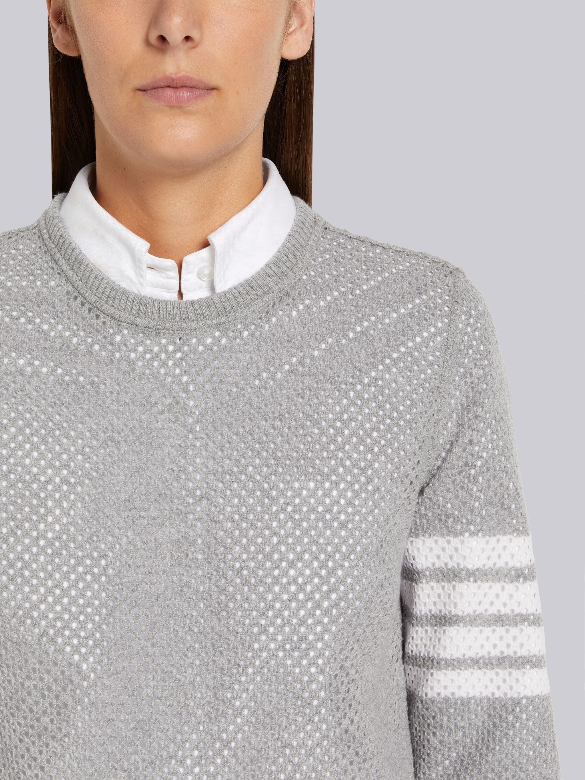 Light Grey Mesh Back Cashmere Mesh Engineered 4-Bar Crew Neck Pullover Sweatshirt - 5