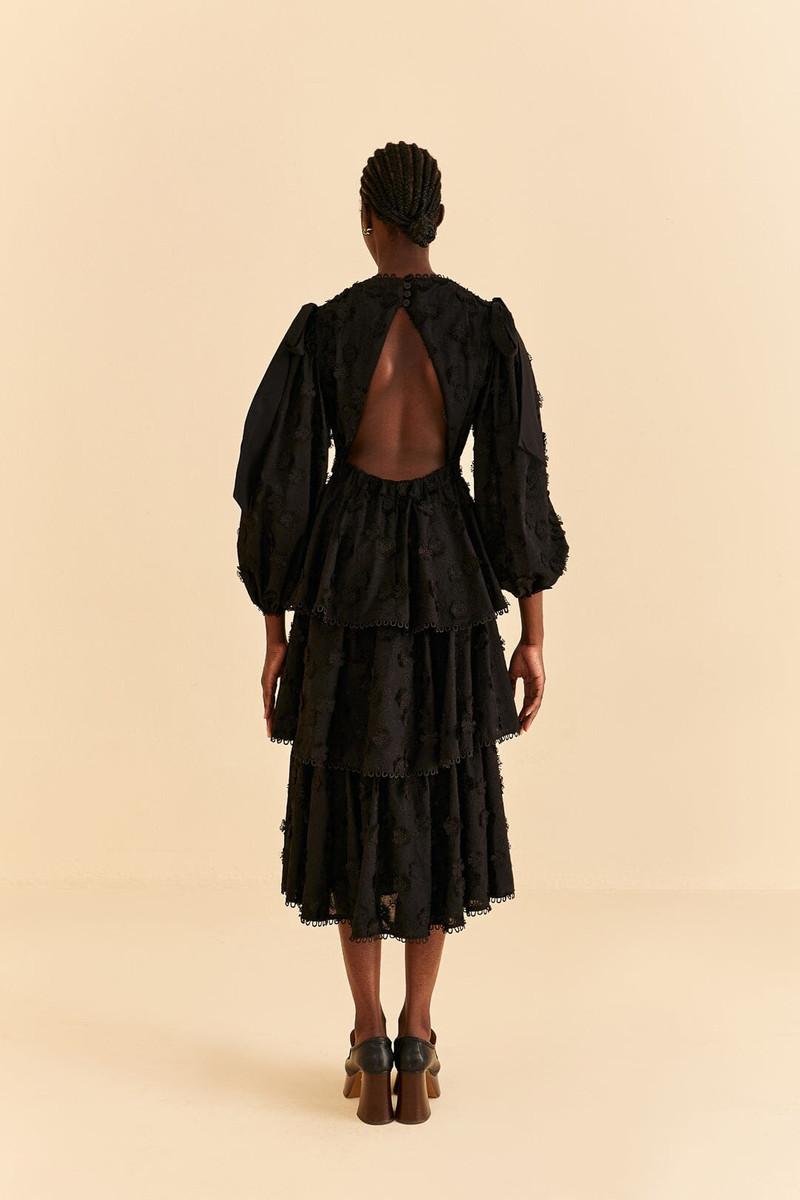 Black Flowers Textured Tiered Midi Dress 4