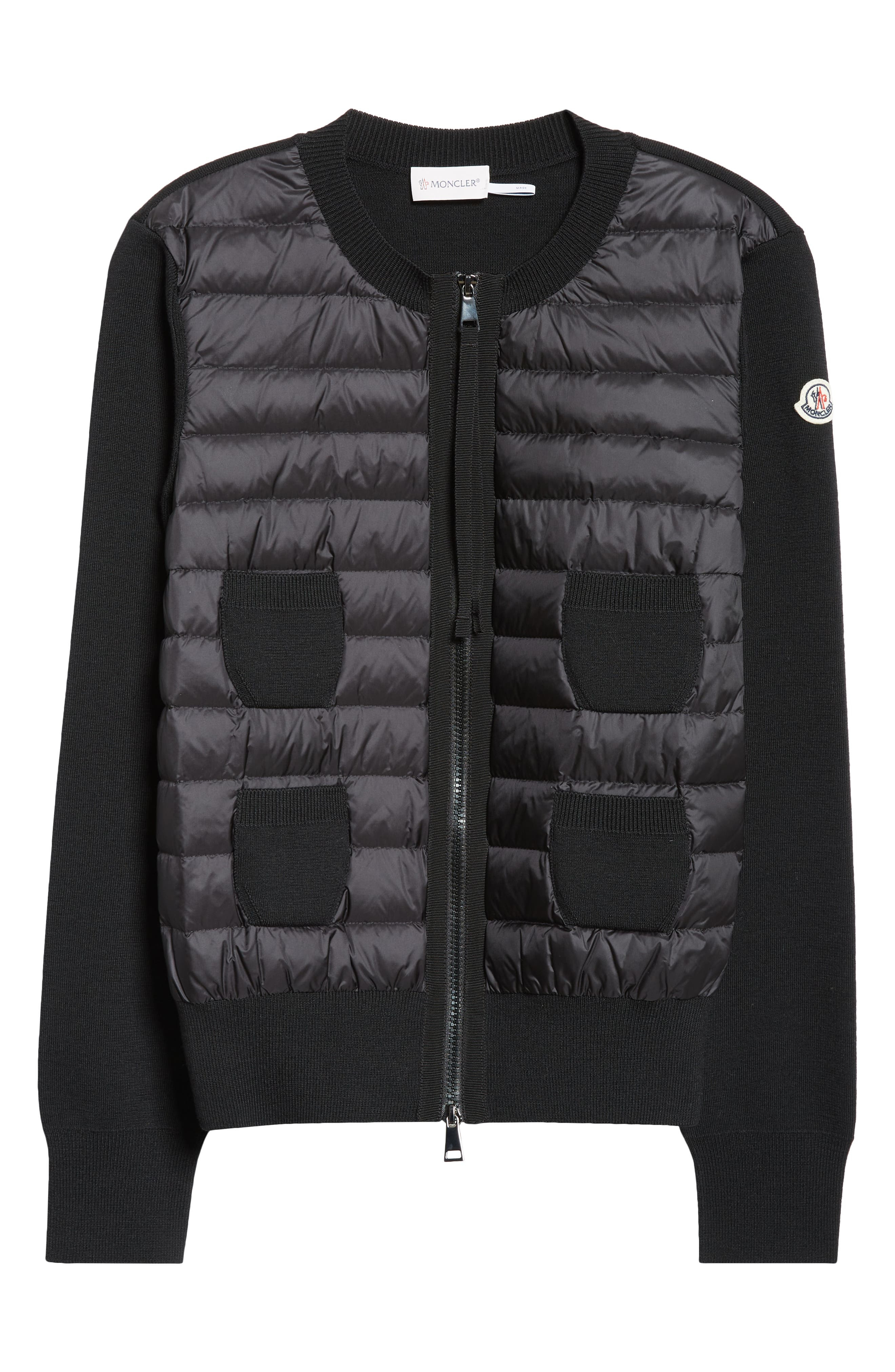 Moncler Mixed Media Quilt Front Wool Cardigan in Black/black at Nordstrom - 6
