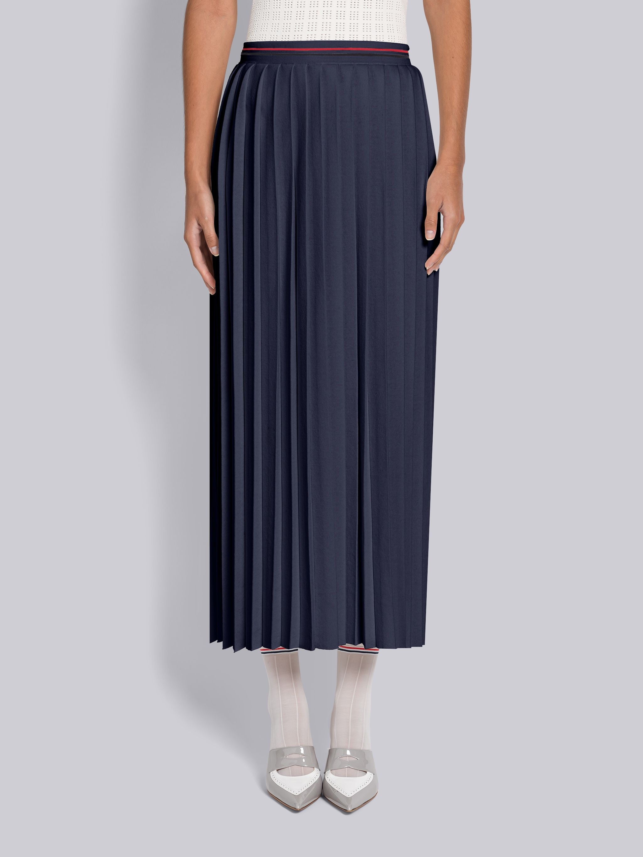 CALF LENGTH PLEATED SKIRT IN COTTON W/ RWB STRIPE - 1