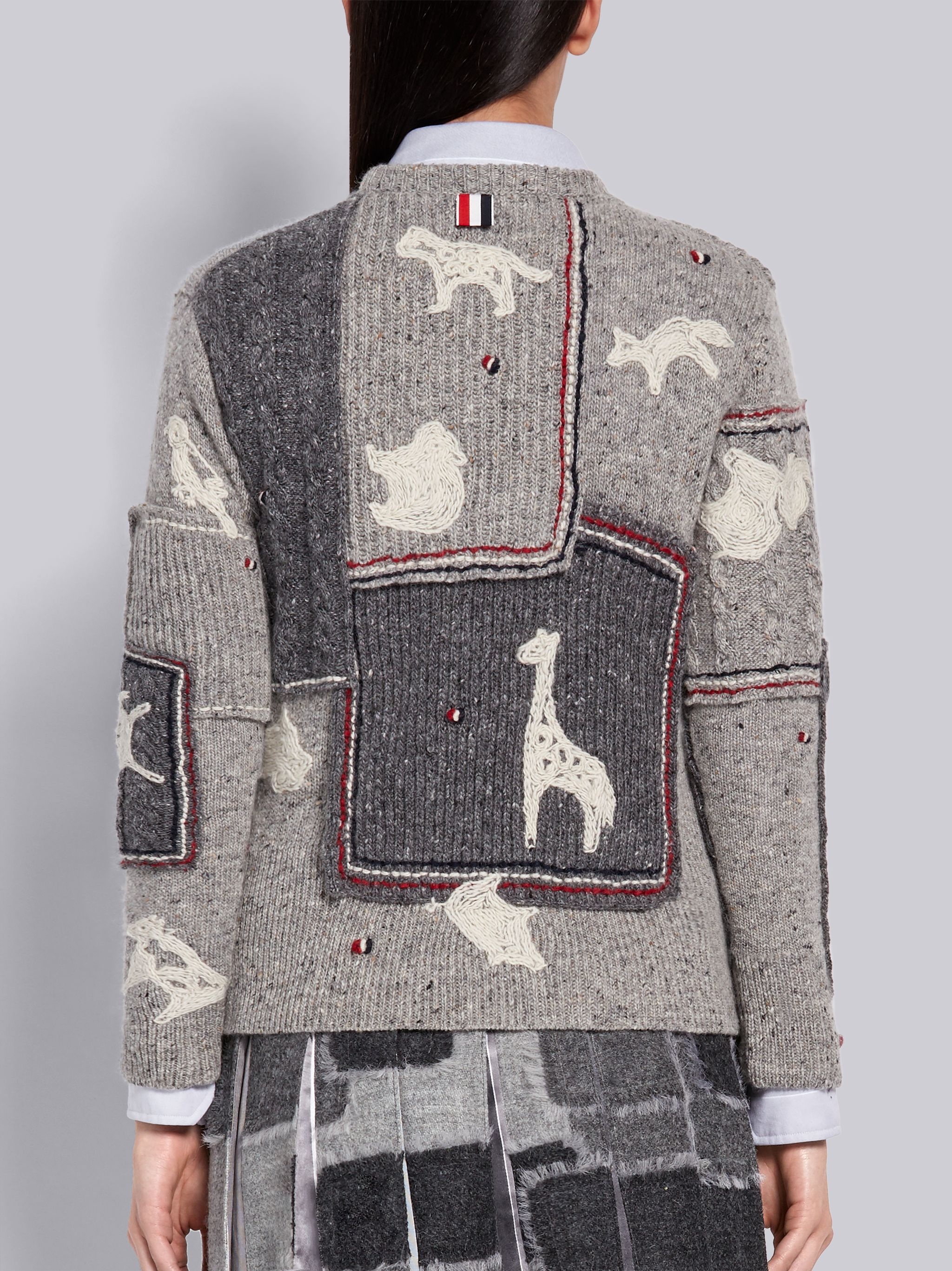 Light Grey Wool Mohair Tweed Hand Embellished Animal Icon Crewneck Pullover - 3