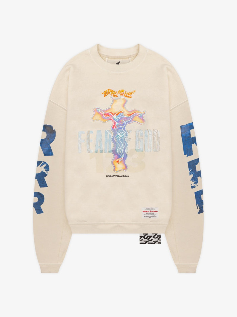 fear of god rrr 123 ロンT FEAR OF GOD X RRR 123 Mens Art Basel Cream Blue Graphic Print