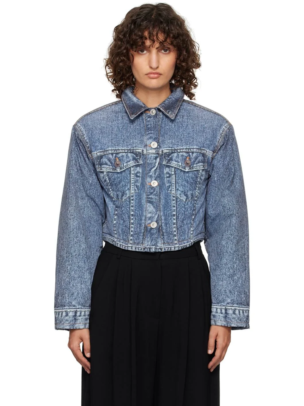 Blue Denim Print Cropped Jacket - 1
